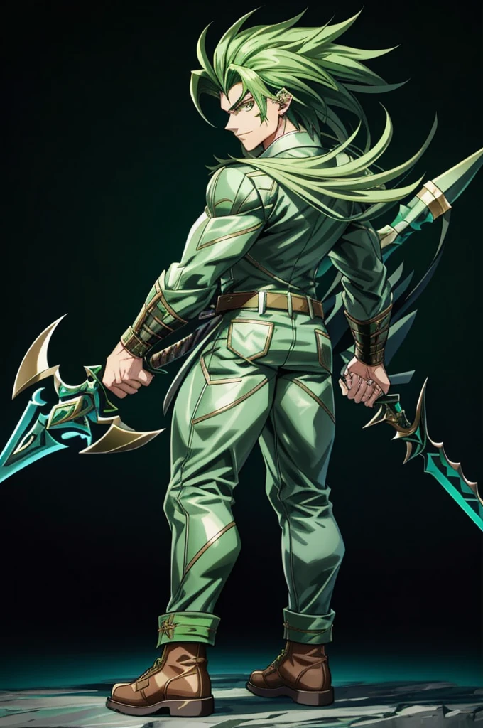a man with a sword and a green outfit, handsome guy in demon slayer art, male ranger, trigger anime artstyle, inspired by Zoltan Boros, an emerald warrior, fighting game character, detailed anime character art, character artwork, official character art, mobile wallpaper