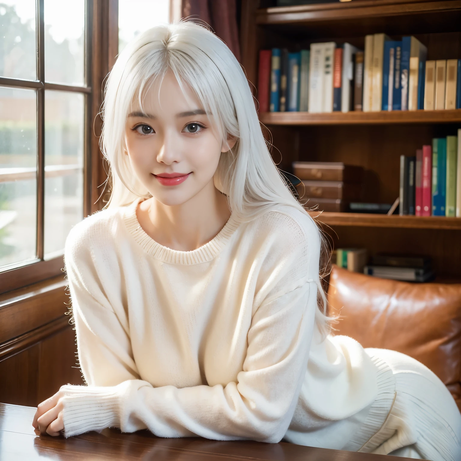 mix4、(8K、Raw photography、top-quality、masterpiece:1.2)、(realisitic、Photorealsitic:1.37)、1girl in、A young woman with a delicate and slender face, gentle brown eyes, semi long hair,she seems thoughtful and introverted, Demonstrates delicate expressiveness and deep insight. her appearance is elegant and sophisticated, add an artistic sensibility.Being in the library, Leaning on the bookshelf、Bright lighting on the face、White knitwear、beautiful white hair color、Transparent white hair color、seducting smile