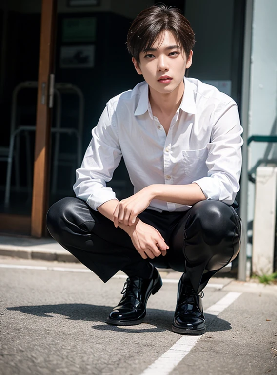 Create an image of a handsome 18 year old Asian man wearing a white shirt. black pants black leather shoes, Full body, And make it easy and understandable for a fifteen year old.