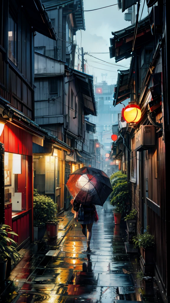 painting of a rainy time tokyo city, alleyway , beautiful scenery, rainfall,wet pavement ((glistening look)),hd, High quality, water reflection, bushes,4k hd, cloud,beautiful art uhd 4 k, a beautiful artwork illustration, beautiful digital painting, highly detailed digital painting, beautiful digital artwork, detailed painting 4 k, very detailed digital painting, rich picturesque colors, gorgeous digital painting