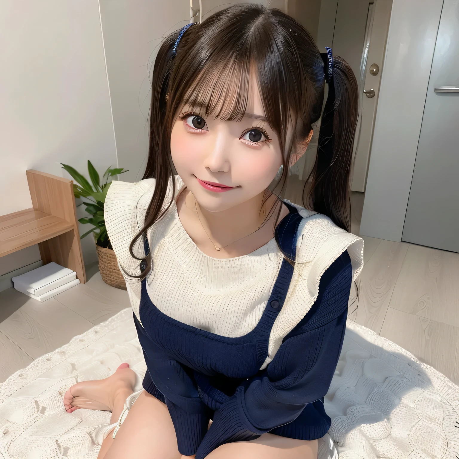 masutepiece, of the highest quality, ighly detailed, Solo, 1girl in, Cute, Dark hair, Barefoot, Medium Hair, Twin tail, Sitting, gazing, navy blue knit sweater dress, Realistic, Simple background, Not wearing pants, Clean buttocks, Black eyes,Big Breast,Childish face,Big smile
