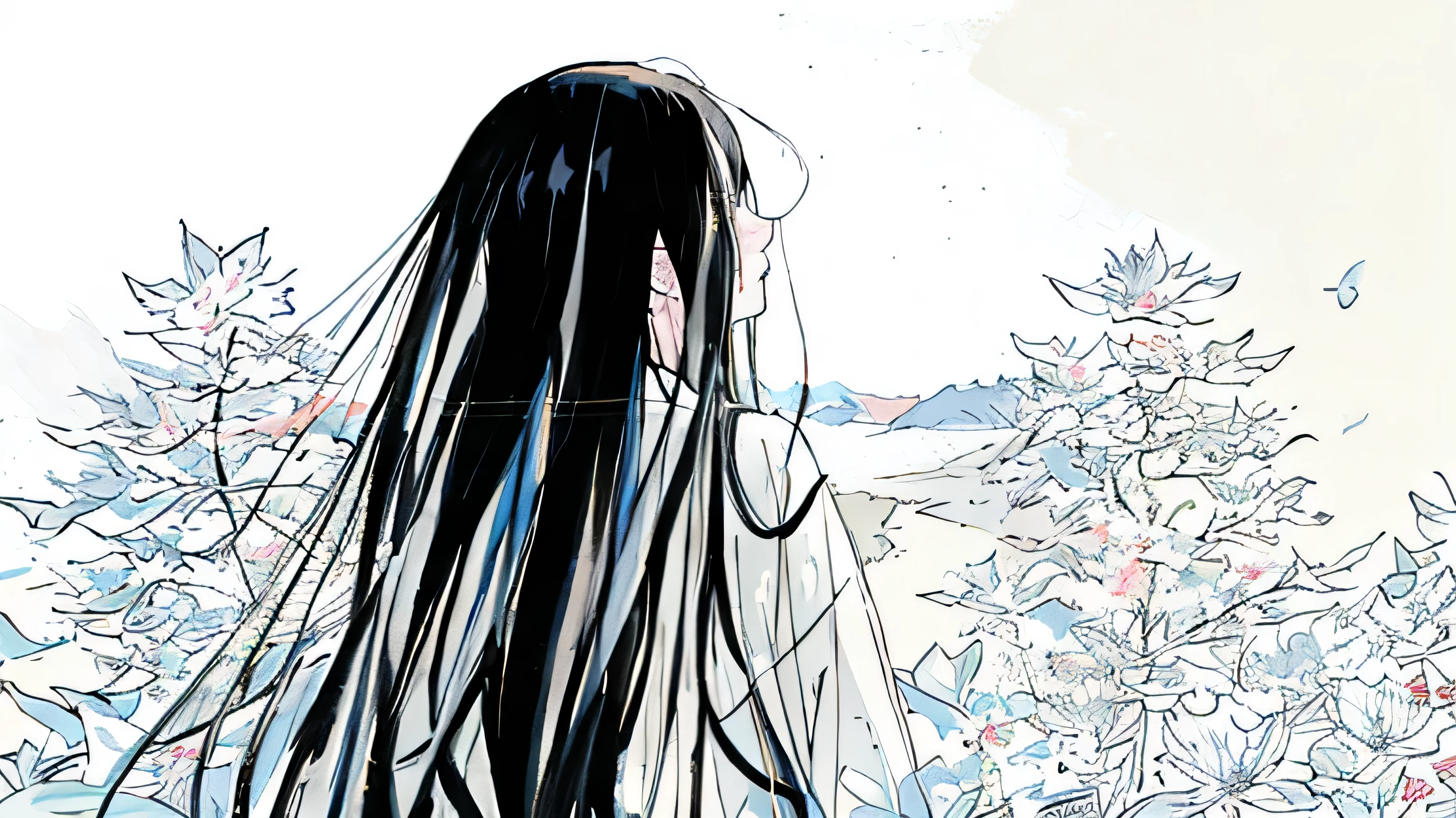 there is a man with long hair in front of a bush, inspired by Sōami, in a cloak with long hairs, conrad roset and makoto shinkai, inspired by Otake Chikuha, flowers in her dark hair, inspired by Sakai Hōitsu, portrait of sadako of the ring, inspired by Itō Shinsui