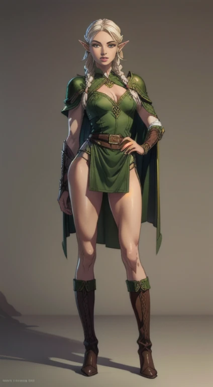 no background, background clean, standing character full body ((solo)), elf female beautiful adult, perfect slim body, beautiful charming cute face, long white hair with braids, pretty detail eyes, beautiful detailed lips, extremely detailed eyes and face, green armor elf, green cloak, bare legs, leather boots