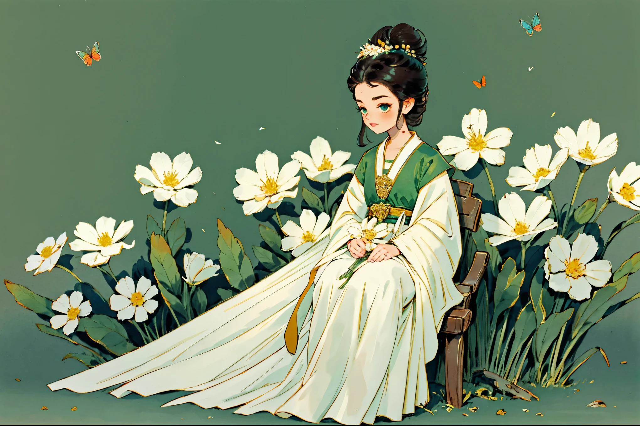 1 Sister, Alone, looking at viewert, face flushed, Background with, black hair color hair, hair adornments, longer sleeves, white backgrounid, everlasting, Full body lesbian, green outfit, , flowers blooming, hairflower, hair-bun, butterflys, tmasterpiece, recent quality, The finest details, Clear facial features, beautidful eyes