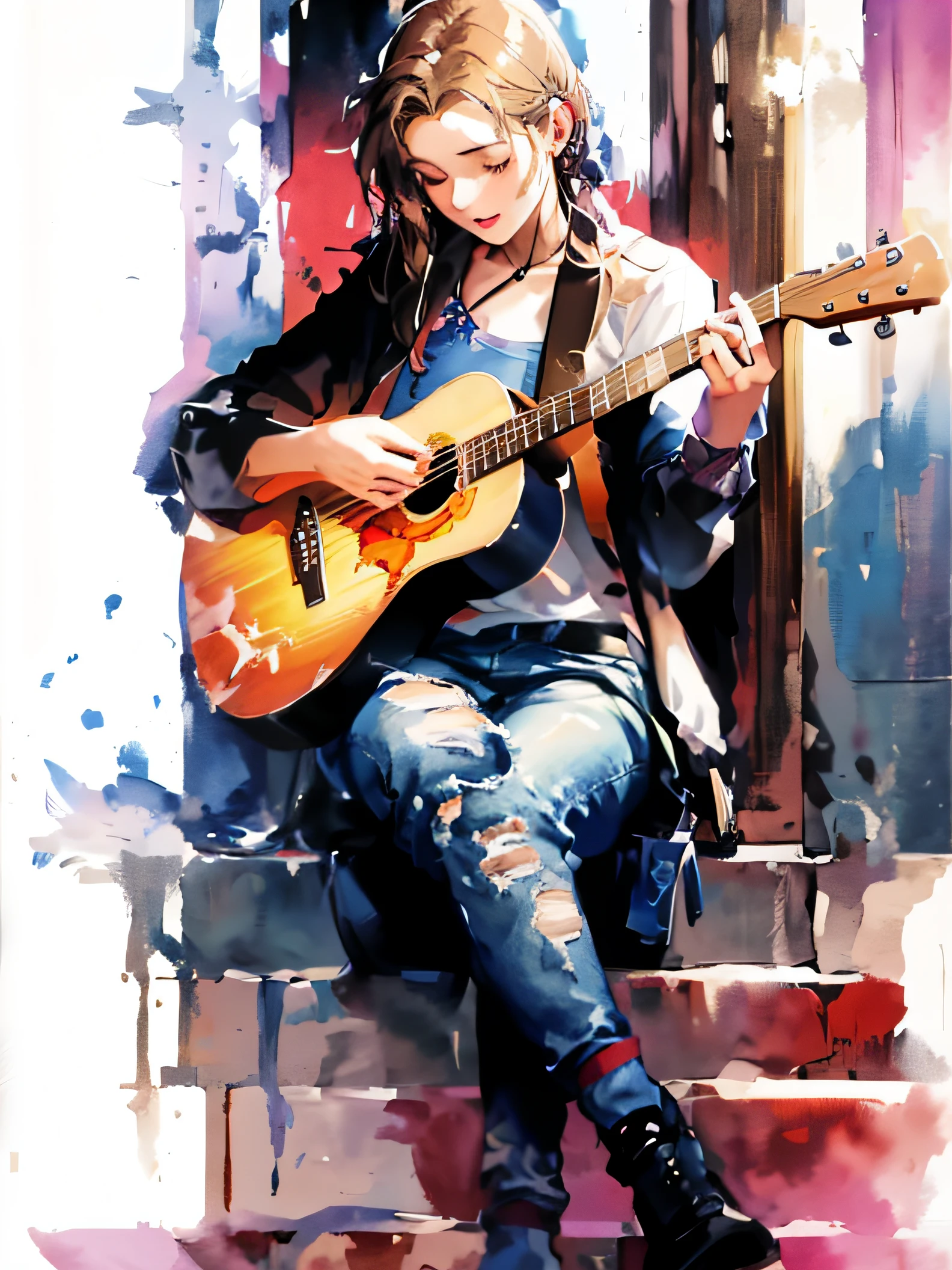 Illustration of a man sitting on stairs holding a guitar, playing guitar자, Guitarist, realistic watercolor, realistic watercolor, Watercolor painting style, playing guitar, The girl plays the guitar, Andrew Law, James Gurney Painting Style, realism painting, Realistic Cute Girl Illustration, solo portrait 🎨🖌️, Inspired by Steve Hanks, beautiful illustration, realistic illustration