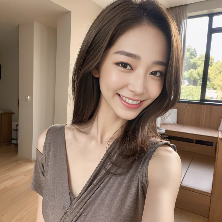 ((top-quality、8k、masuter piece:1.3))、1 female、Beautiful girl emphasizing slender abs:1.3、(Hairstyle Random、a smile,爆乳:1.2)、Plain clothe:1.2、inside the house、hyperdetailed face、A detailed eye、Double eyelids