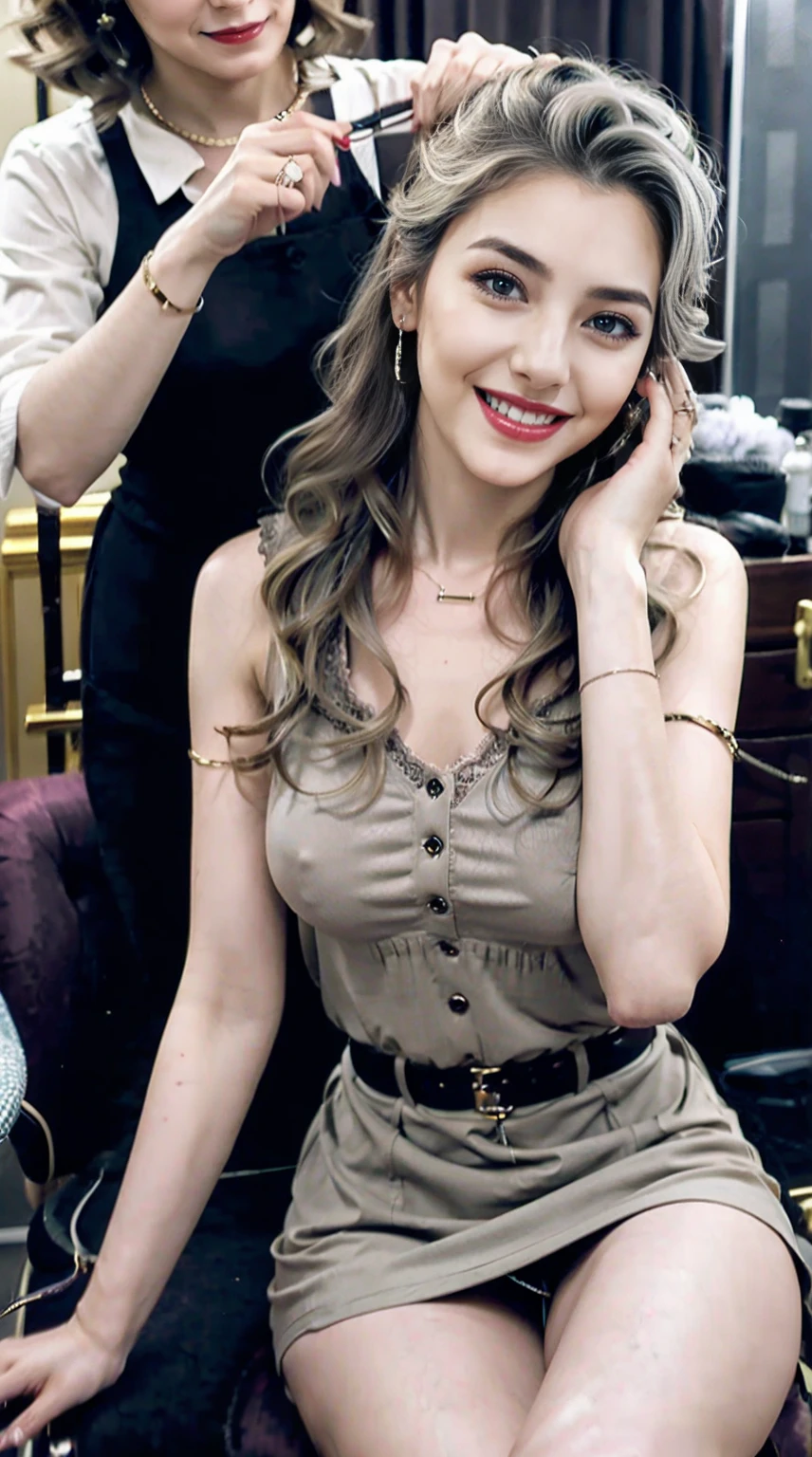 19-year-old woman、Hair color is a gradation of brunette and purple、Eye color is blue、Longhaire、hair is wavy、setting the hairstyle、wearing eye shadow and lipstick、accessories on wrist、Slender but well-proportioned muscular body、a smile、wearing a blouse、huge tit、wearing a pleated skirt、wearing a lace choker、I am sitting on a chair in front of the dressing table and my hair is being done by a stylist.