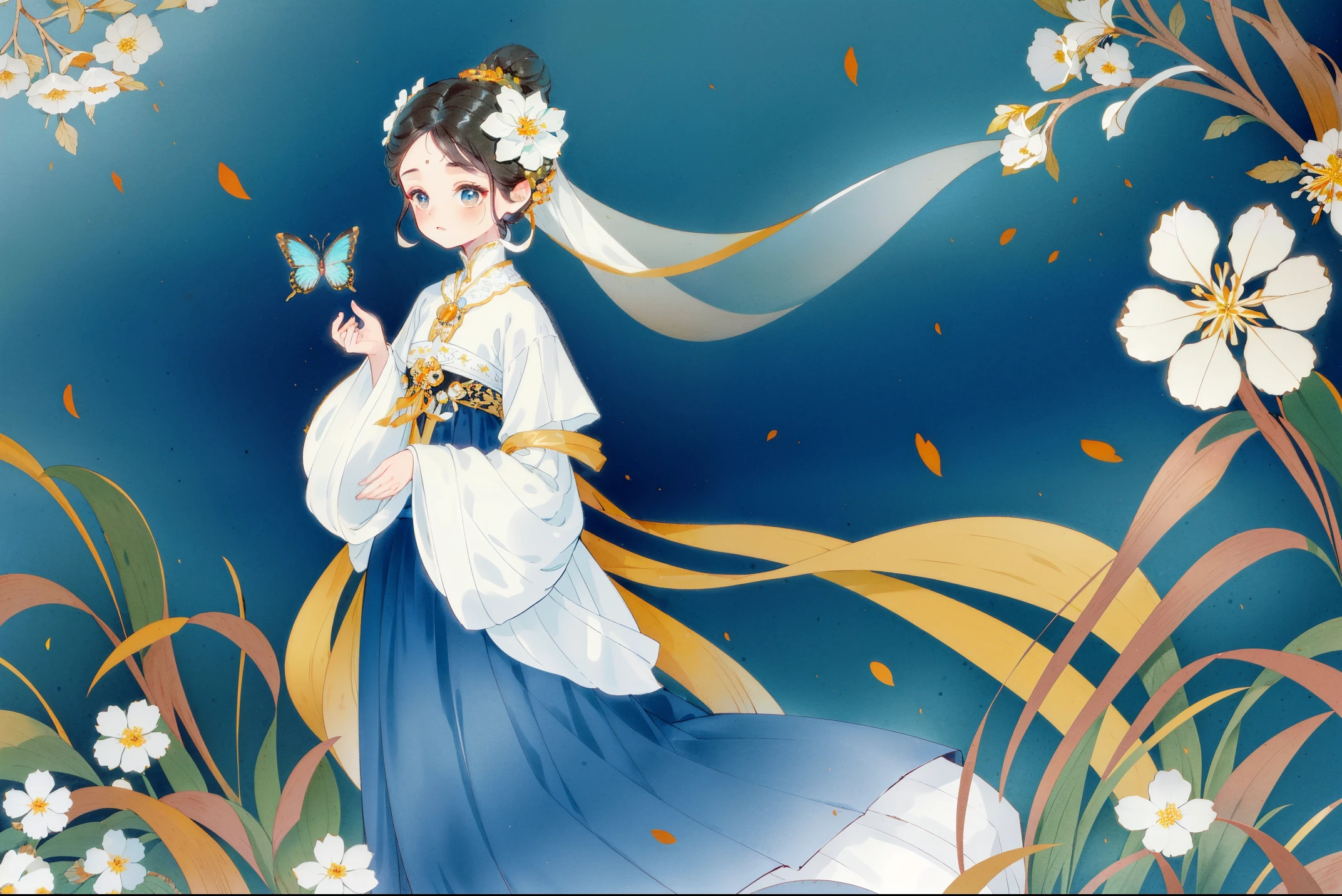1 Sister, Alone, looking at viewert, face flushed, Background with, black hair color hair, hair adornments, longer sleeves, white backgrounid, everlasting, Full body lesbian, flowers blooming, hairflower, hair-bun, butterflys, tmasterpiece, recent quality, The finest details, Clear facial features, beautidful eyes