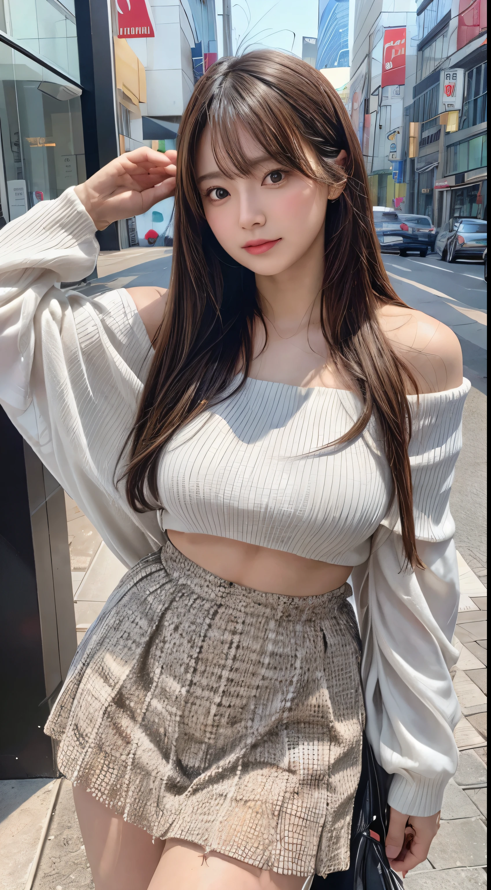 masutepiece, Best Quality, High quality, Detailed, ultra Detailed, hyper Detailed, insanely Detailed, Exquisite, Beautiful, 4K, 8K, absurderes, hight resolution, city, girl with, Shy, embarrassed, Hands on head, Looking at Viewer, Long hair, Straight hair, Shiny hair, Brown hair, tareme, drooing eyes, Shiny skin, Detailed skin, Detailed face, Glamorous, Beautiful breasts, Beautiful ass,(Idol, Pants, Mini skirt, off shoulders), Cute face, Delicate facial features, Japanese Idol, Curve, 20yr old, Japanese, Photorealistic, hyper realistic photography, Realistic portrait, Raw photo, Real person, NSFW, Upper body, Dynamic Angle, Sharpen, best light, depth of fields
