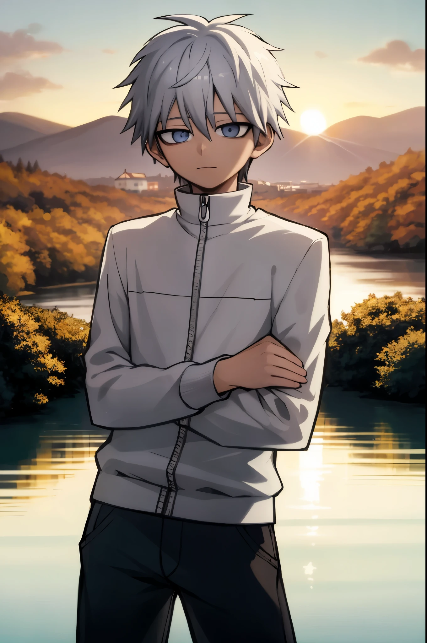 personagem de anime em frente a um lago com montanhas ao fundo, Killua Zoldyck Retrato, Arte Oficial, Kaworu Nagisa, cara de anime alto com olhos azuis, inspirado em Akihiko Yoshida, Arte digital de Danganronpa, inspired by Munakata Shikō, killua zoldyck cabelo preto