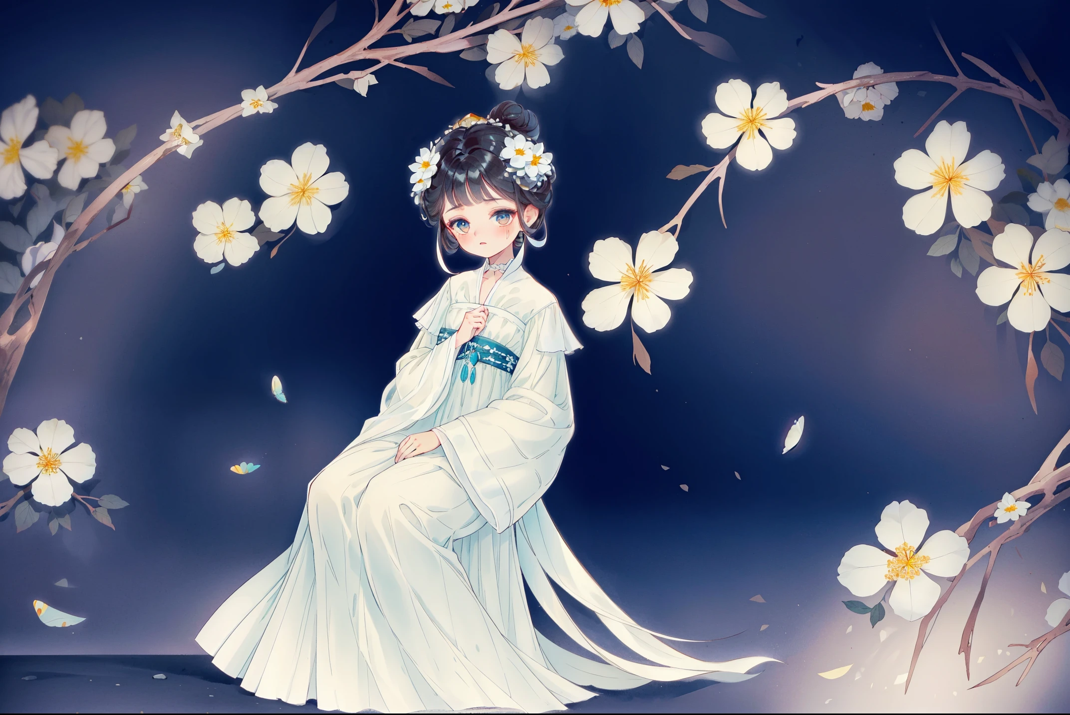1 Sister, Alone, looking at viewert, face flushed, Background with, black hair color hair, hair adornments, longer sleeves, white backgrounid, Eternal, Full body lesbian, flowers blooming, hairflower, hair-bun, butterflys, tmasterpiece, recent quality, The finest details, Clear facial features, beautidful eyes