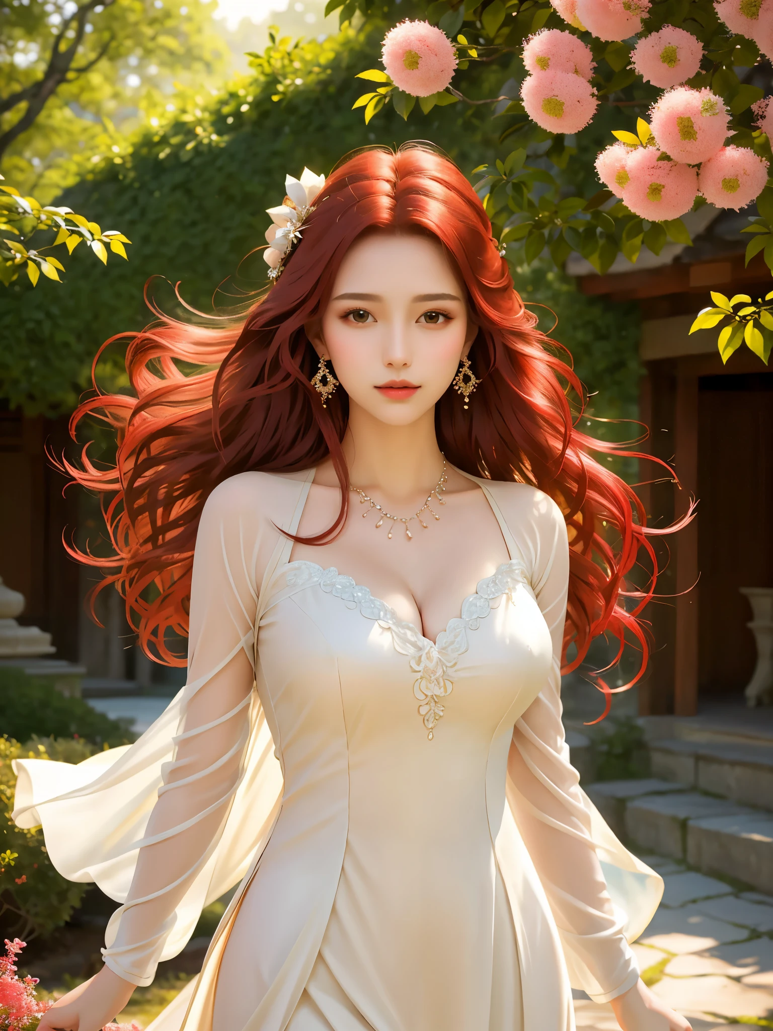 (best quality, masterpiece:1.2), realistic: 1.2, 1 girl, slim girl, red hair, brown eyes, detailed face, beautiful eyes, big eyes, big breasts, cleavage, long dress, clear complexion, delicate features, flowing red hair, dynamic pose, elegant, graceful, standing in a vibrant garden, surrounded by colorful flowers, rays of sunlight shining through the trees, warm and soft lighting, gentle breeze, serene expression, confident gaze, ethereal atmosphere, slight smile on her lips, peaceful and tranquil ambiance, high-resolution painting, vivid colors, fine brushstrokes, lifelike details, intricate folds of the dress, realistic texture of the hair, impeccable attention to realism, captivating and engaging, evoking a sense of beauty and elegance.