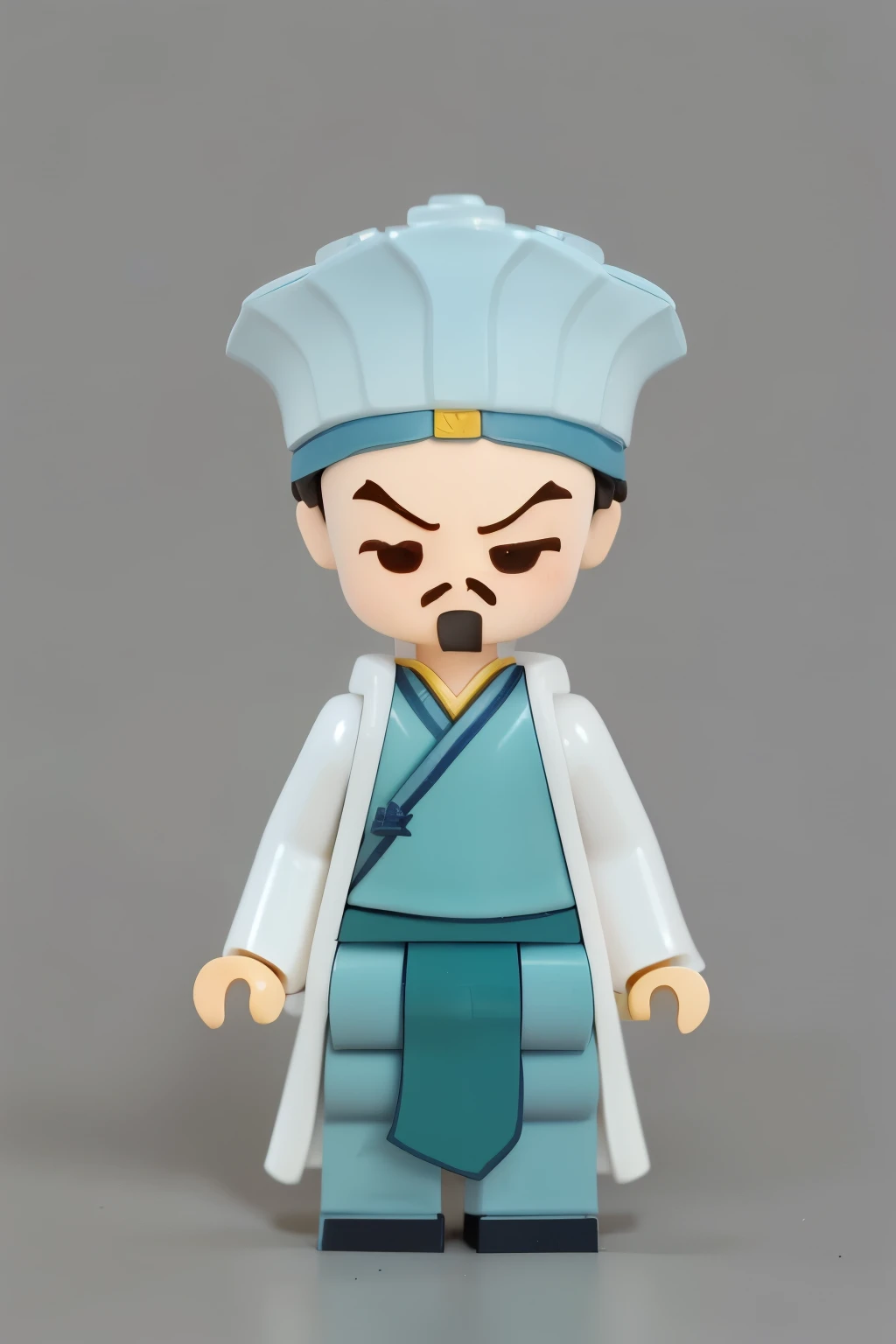 Lego style little man,Chinese ancient style,Zhuge Liang,White Hanfu robe,Wearing the hat of an ancient counselor,open hand,Standing painting,电影灯光,blurred lens,Strong contrast,high definition detail,high qulity,8K,simplebackground,Battle of Chibi,Romance of the Three Kingdoms