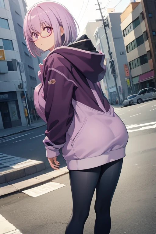 akaneshinjou, shinjou akane, Light purple hair, (Pink eyes:1.2), Short hair,
Purple large size hoodie，I'm wearing a hood，shortpants，Gray tights，espadrilles，Kurobuchi glasses，In the street，手をポケット入れてる
BREAK looking at viewer, BREAK (masutepiece:1.2), Best Quality, High resolution, Unity 8k壁纸, (Illustration:0.8), (Beautiful detailed eyes:1.6), extra detailed face, Perfect Lighting, extremely details CG, (Perfect hands, Perfect Anatomy),