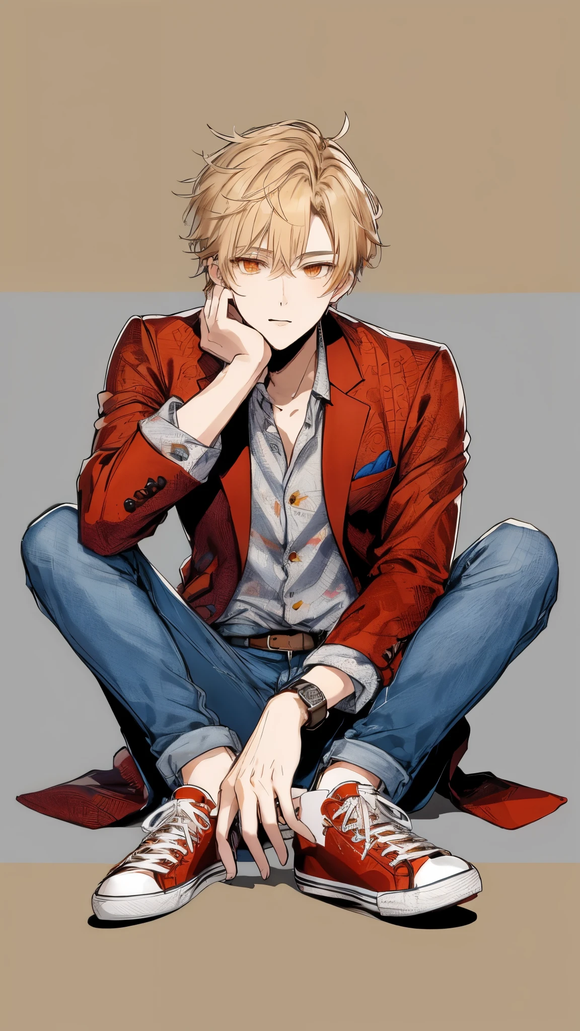 Handsome young man, blond hair, orange eyes, narrow eyes, red blazer, patterned shirt, blue jeans, white sneakers, sitting on the floor, legs spread in a crouch, one hand on knee, other hand covering mouth, looking at the camera, casual yet stylish pose, grey background.high quality, amount of drawing, pixiv illustration