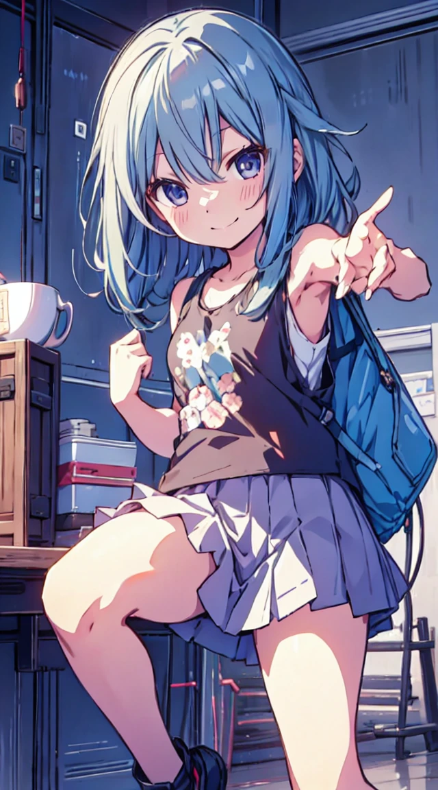 masutepiece, Best Quality,Illustration, Wallpaper, ultra -detail, 1loli、♡、Futomo、Poses in motion、A mischievous smile、Tank Tops、a short skirt、Viewpoint looking up from the bottom、cross one's legs