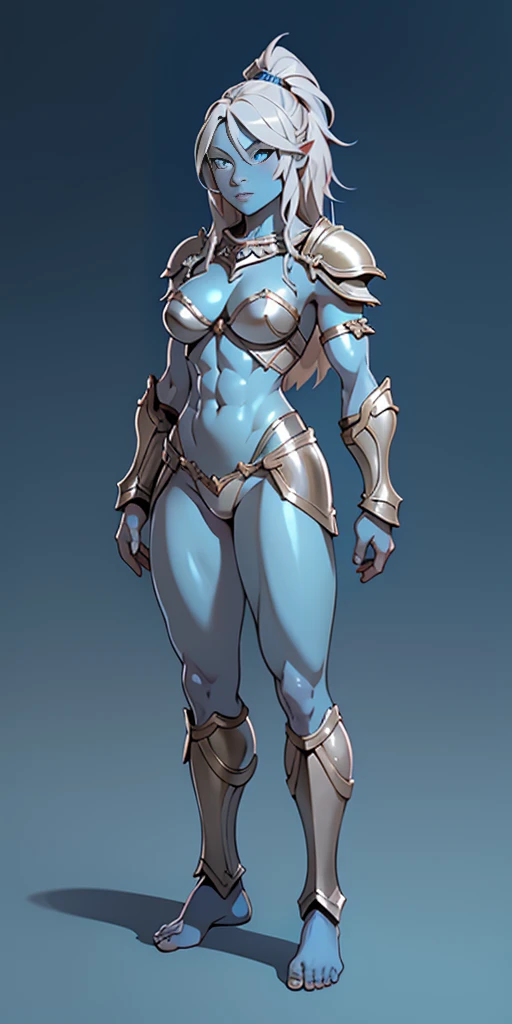 full body, barefoot, Solo, female, (blue skin, muscular), knight, silver armor, cream hair, fantasy village, medium hair