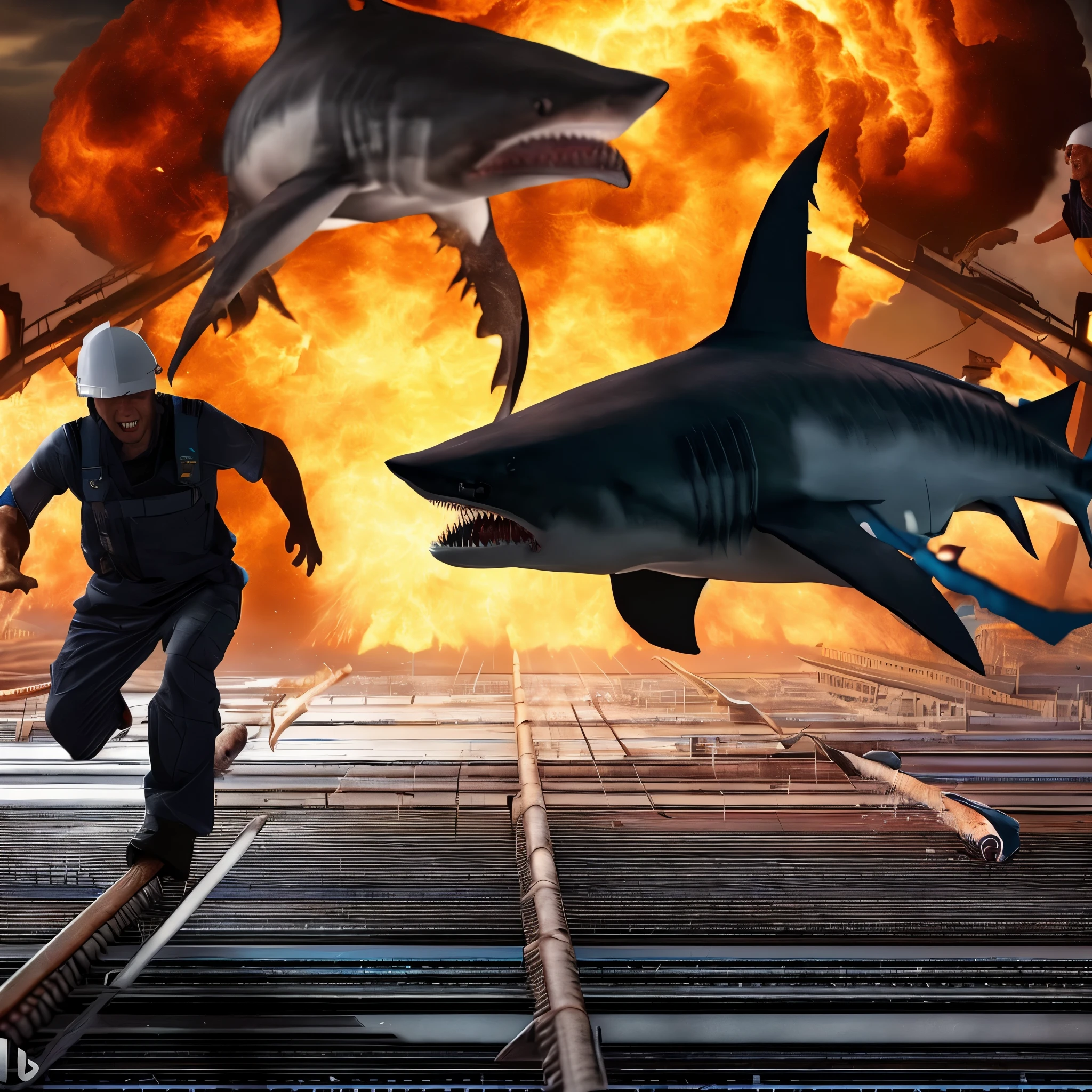 there are many sharks that are running on a bridge, still from the movie sharknado, a sharknado, sharknado, joe biden sharkman, shark man, cg art, vfx action shot, badass composition, sharks, epic vfx shot, cgi special effects, megalodon, vfx shot, shark anthony, inspired by Scott Listfield, creative photo manipulation