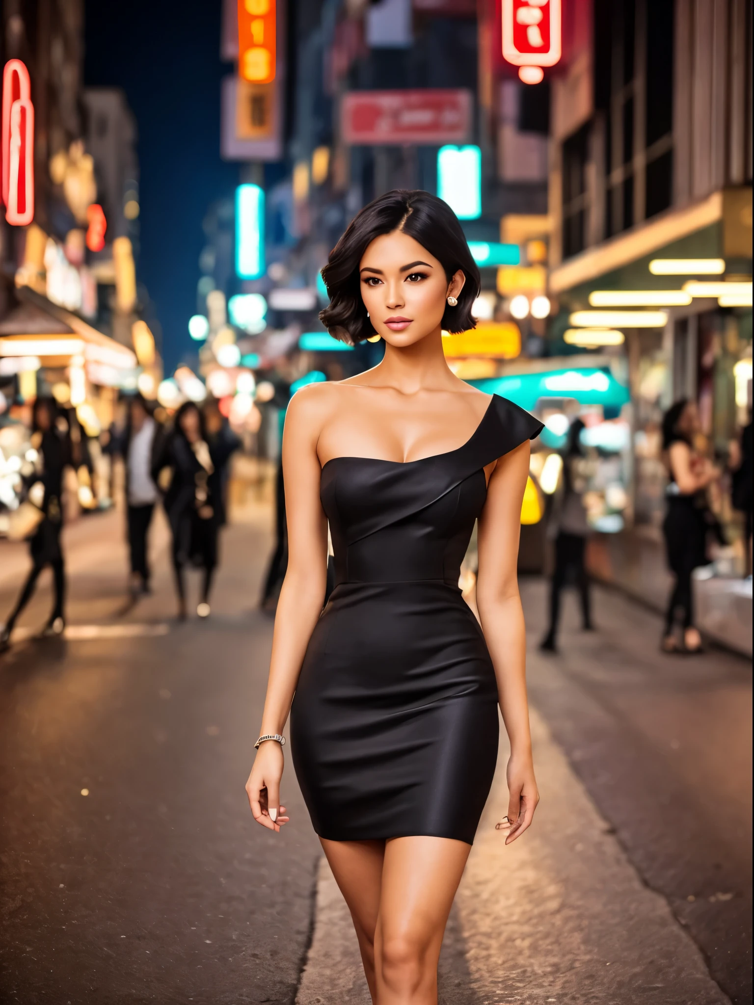 A stunningly elegant woman stands at the center of a bustling city street at night, her black low cut mini dress accentuating her graceful silhouette. Her shoulder-length white hair cascades over her shoulders, contrasting beautifully against the vibrant neon lights that illuminate the surroundings. The tight dress hugs her figure, exuding confidence and allure. This high-quality photograph captures the essence of urban glamour, with its impeccable composition and attention to detail, inviting viewers to admire the captivating beauty of this enigmatic woman.