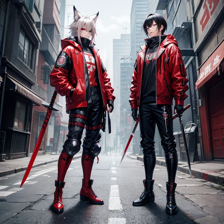 (masutepiece, Best Quality), , (detailed hairs), Ultra-detailed, Anime style, Full body, Cyberpunk was a fox ninja boy, Wear red clothes, Black, And white street punk wear, many swords, Wear long boots, 8K High Resolution, trend artstation, White background, Standing in the wasteland, Whole body,