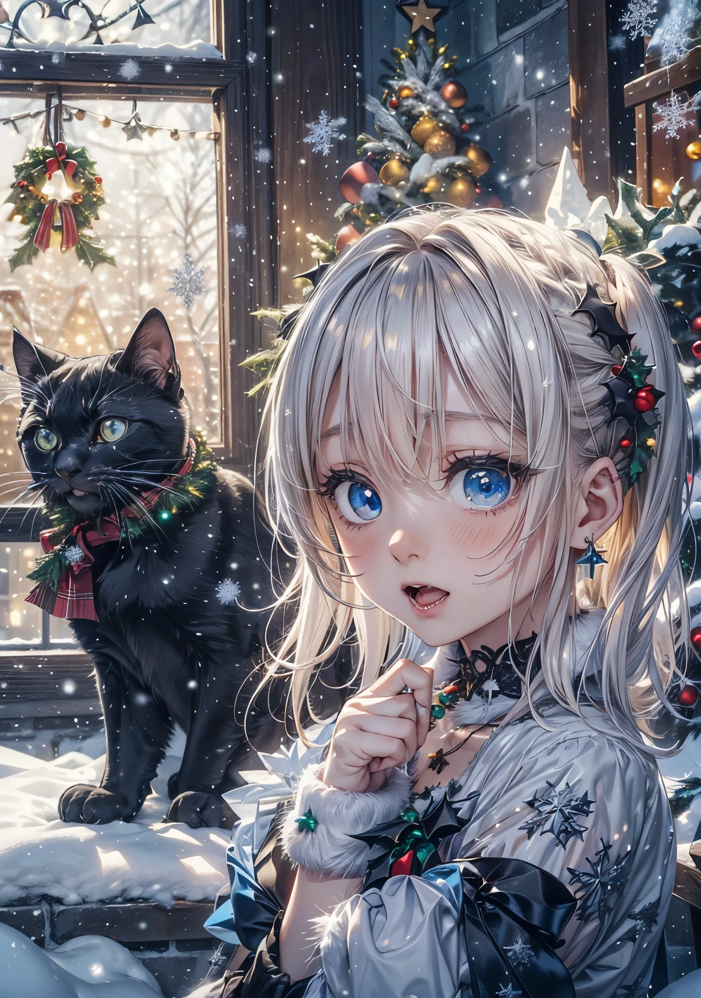 absurderes, ultra-detailliert,bright colour, Short hair,Blonde hair with fluffy short twintails:1.2)Shiny hair,(gothic christmas:1.5),(Open mouth and laugh 1. 3),(Embarrassed and troubled face:1.3),(Christmas tree:1.3),(Christmas Decorations:1.3),(attached an LED light to the wall),(many black cats:1.3),Delicate beautiful face, red blush、(Deep Blue Eyes:1.5), White skin, hair clips, earrings, a necklace,Heavy snow outside the window,You can also see the starry sky and the aurora borealis..,