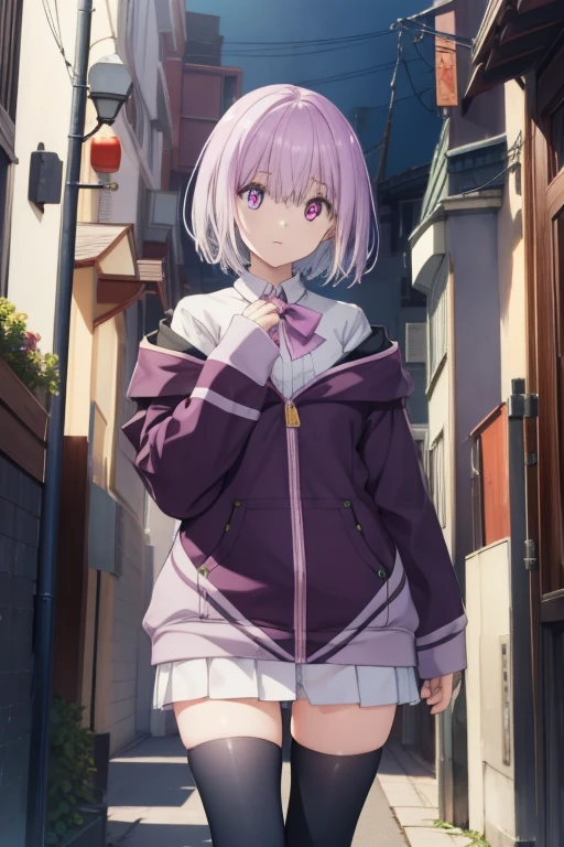 akaneshinjou, shinjou akane, Light purple hair, (Pink eyes:1.2), Short hair,
Purple large size hoodie,I'm wearing a hood,shortpants,Gray tights,espadrilles,Kurobuchi glasses,In the street,手をポケット入れてる
BREAK looking at viewer, BREAK (masutepiece:1.2), Best Quality, High resolution, Unity 8k壁纸, (Illustration:0.8), (Beautiful detailed eyes:1.6), extra detailed face, Perfect Lighting, extremely details CG, (Perfect hands, Perfect Anatomy),