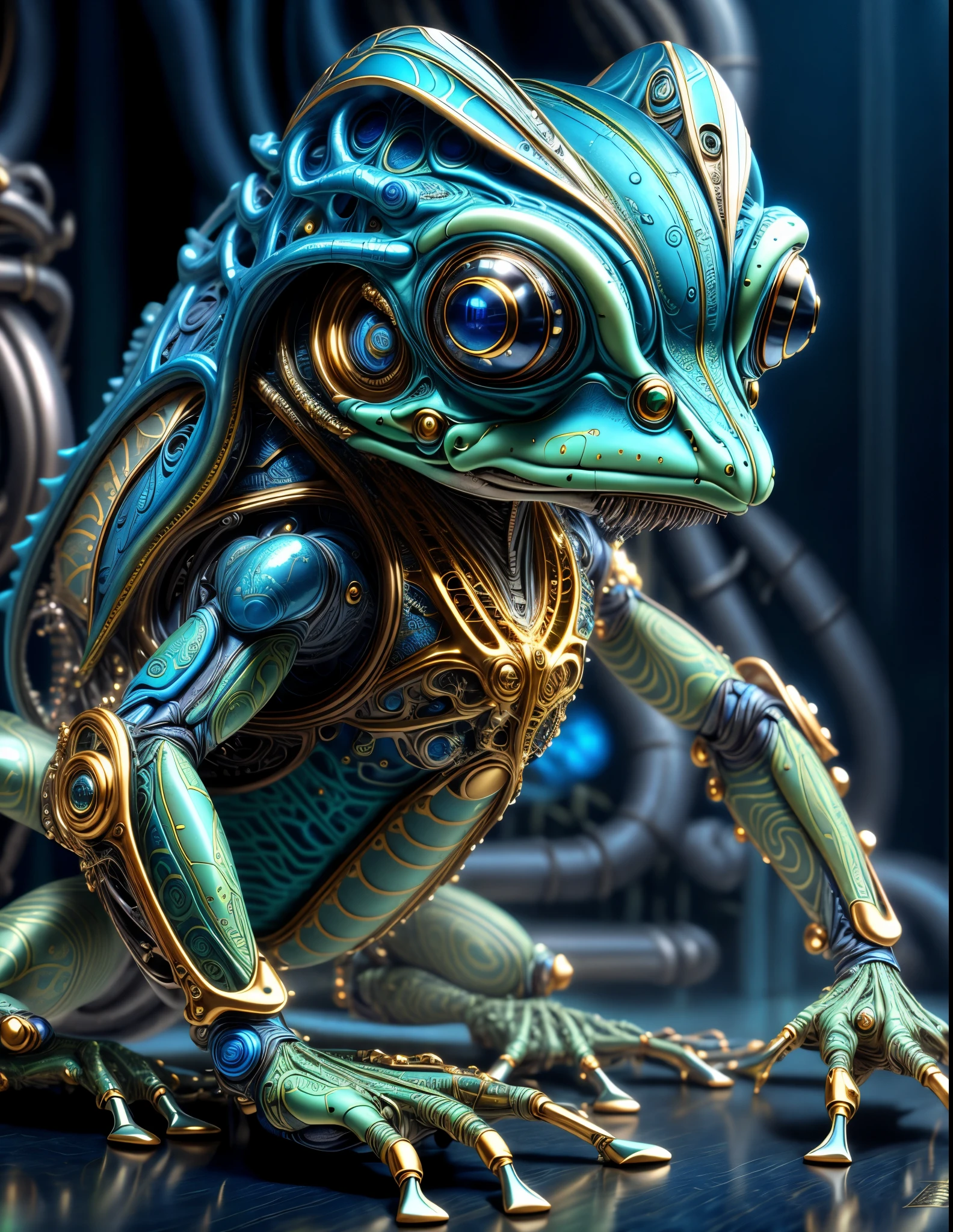 There was a blue frog with gold and blue patterns on it., cyberpunk frog, zbrush color rendering, ZBrush Contest Winners, Very detailed aliens,  H. R. Giger, intricate detailed, very high details, photo-hyper-realistic, 8k, UHD, hyperdetailed, (Dynamic Poses:1.4),