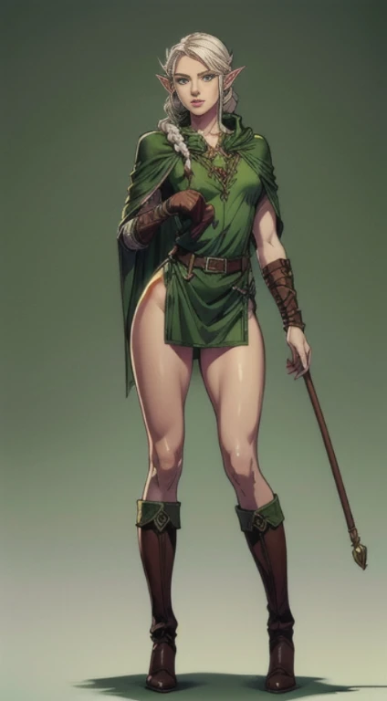 no background, background clean, standing character full body ((solo)), elf female beautiful adult, perfect slim body, beautiful charming cute face, long white hair with braids, pretty detail eyes, beautiful detailed lips, extremely detailed eyes and face, green armor elf, green cloak, bare legs, leather boots