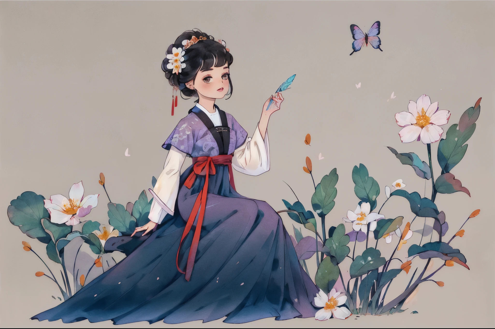 1 Sister, Alone, looking at viewert, face flushed, Background with, black hair color hair, hair adornments, longer sleeves, white backgrounid, Eternal, Full body lesbian, Blooming flowers, hairflower, hair-bun, butterflys, tmasterpiece, recent quality, The finest details