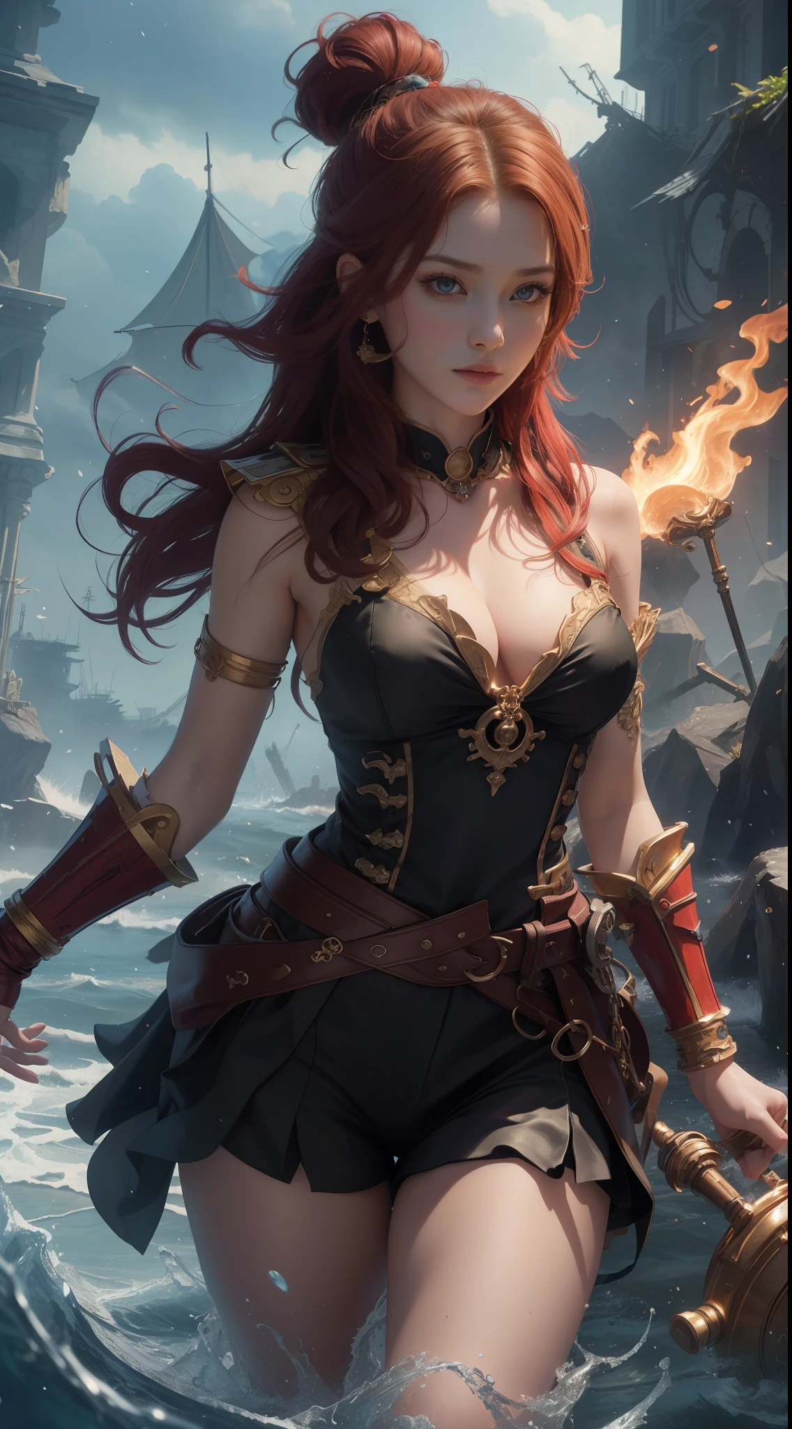 tmasterpiece,Highest image quality,Beautiful bust of a noble pirate girl,Exquisite red super short hairstyle,tying hair,Clear golden eyes,Hand-held fire hammer,Age of Discovery Pirate Suit,Ultra-detailed details,advanced。At the Pixiv Art Station,Break your own power,Louie,Big breasts exposed,R-18G