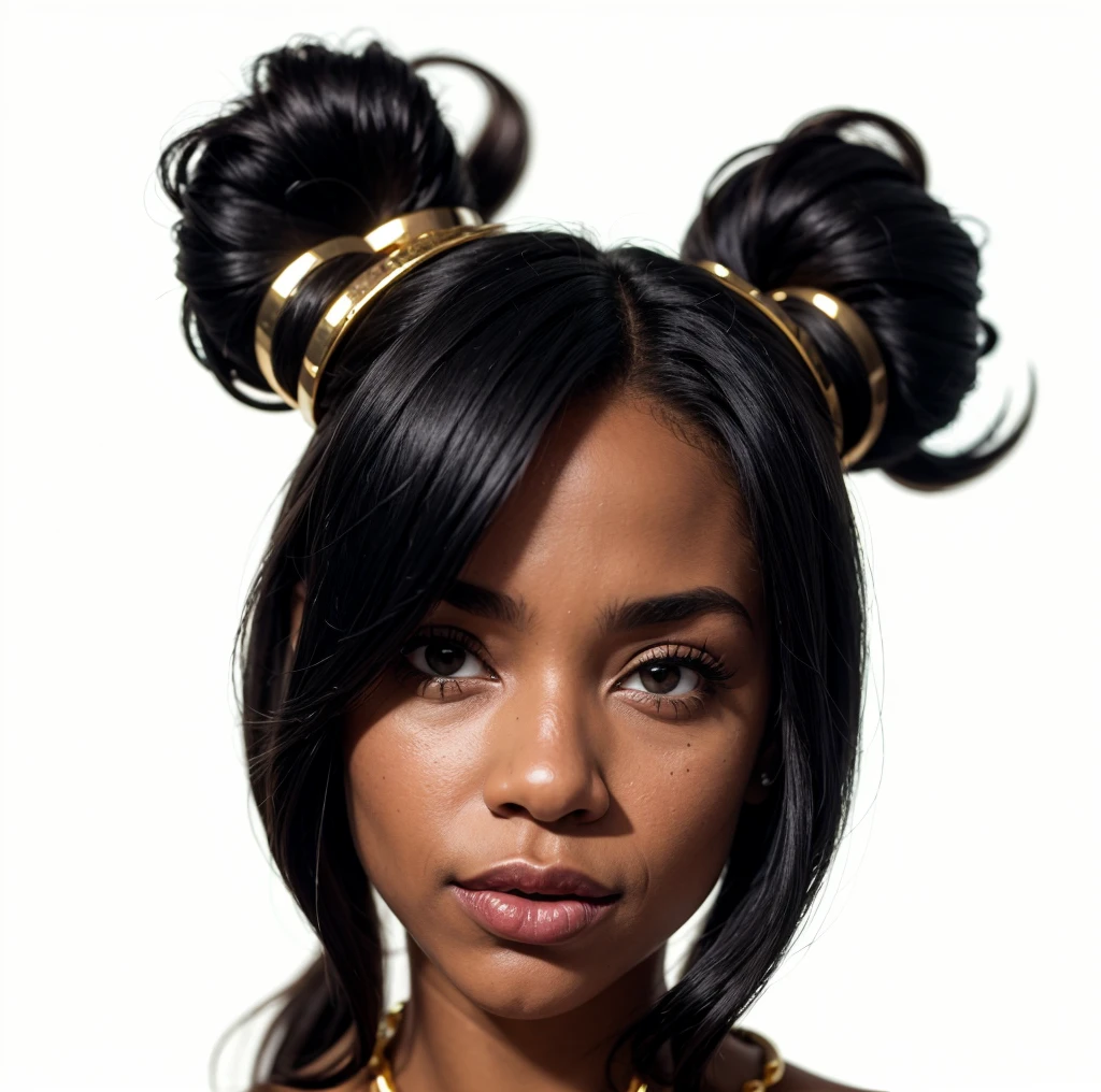 a black American girl with two black ponytails, wearing gold lipstick