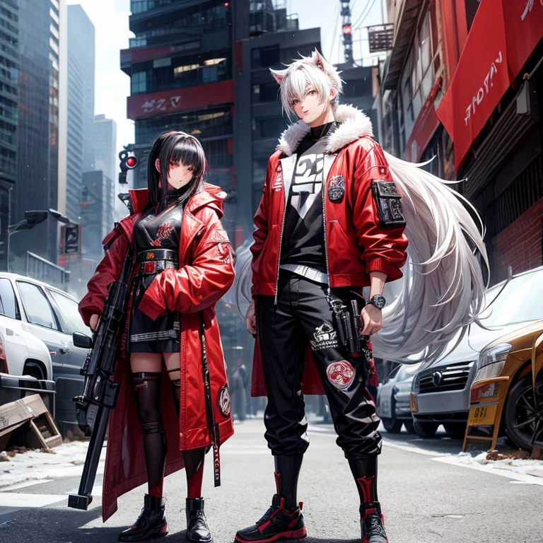 (masutepiece, Best Quality), (detailed hairs), Ultra-detailed, Anime style, Full body, Cyberpunk was a wolf samurai boy, Wear red clothes, Black, And white street punk wear, many guns、8K High Resolution, trend artstation, White background, Standing in the wasteland, Whole body,