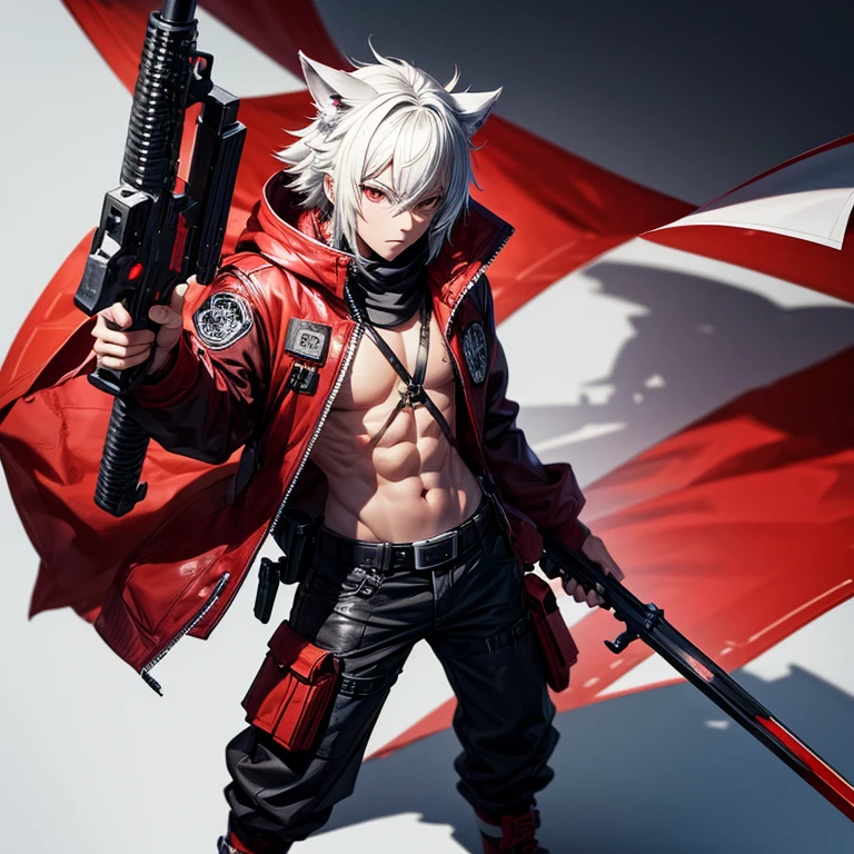 (masutepiece, Best Quality), (detailed hairs), Ultra-detailed, Anime style, Full body, Cyberpunk was a wolf samurai boy, Wear red clothes, Black, And white street punk wear, many guns、8K High Resolution, trend artstation, White background, Standing in the wasteland, Whole body,