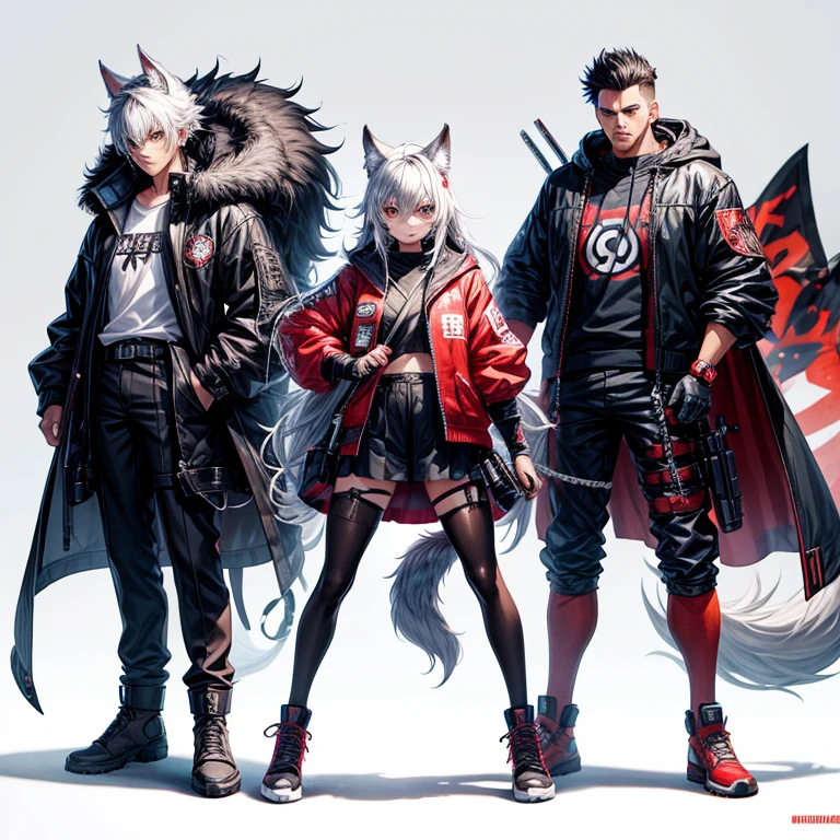 (masutepiece, Best Quality), (detailed hairs), Ultra-detailed, Anime style, Full body, Cyberpunk was a wolf samurai boy, Wear red clothes, Black, And white street punk wear, many guns、8K High Resolution, trend artstation, White background, Standing in the wasteland, Whole body,