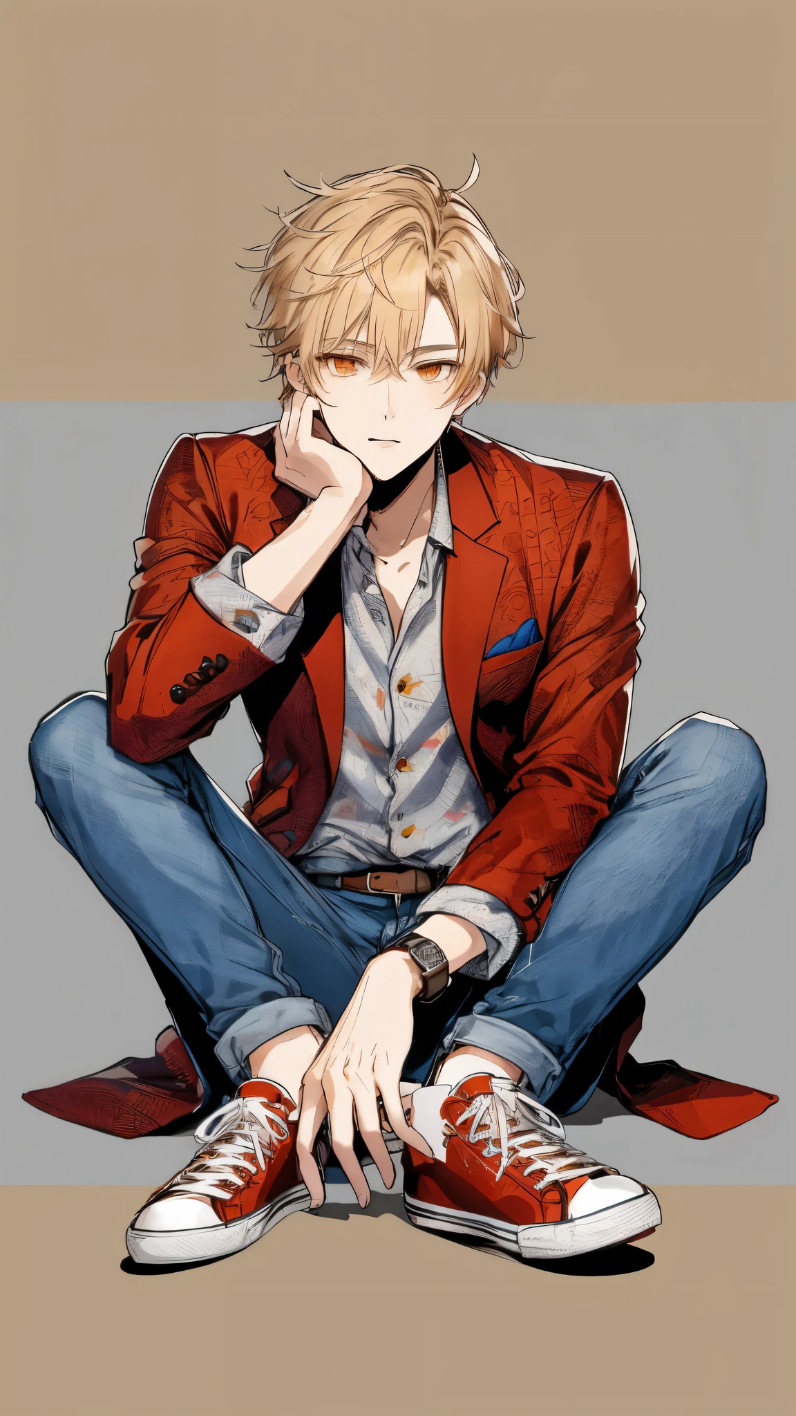 Handsome young man, a blond, Orange Eyes, Narrow eyes, Red Blazer, patterned shirt, Blue jeans, White sneakers, Sitting on the floor, Spread your legs while squatting, put one hand on your knee, cover your mouth with your other hand, Looking at the camera, Casual but stylish pose, greybackground.High quality, amount of drawing, pixiv illustration