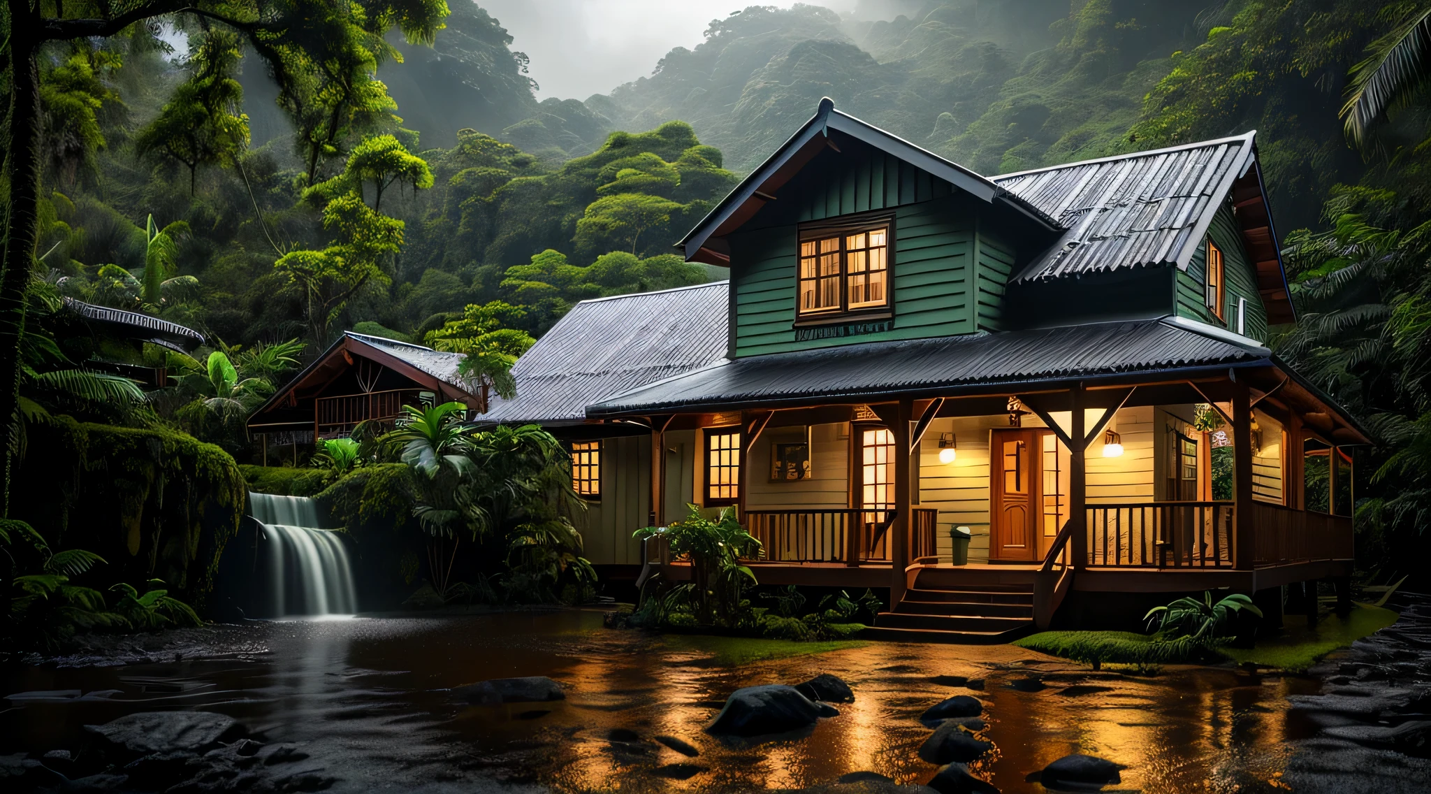 Vintage wooden house, lush small house, beautiful house, night, lights on, Costa Rica green rainforest, Heavy rain falling on the roof, Emphasizing the contrast between the natural environment and the rainwater flowing from the roof, dark scene after the rain, landscape wet, dark clouds, nature photography, Portrait with macro lens (Nikon AF -S VR Mini Nikkor 105mm f/ 2.8G IF) When aperture is f/5.6