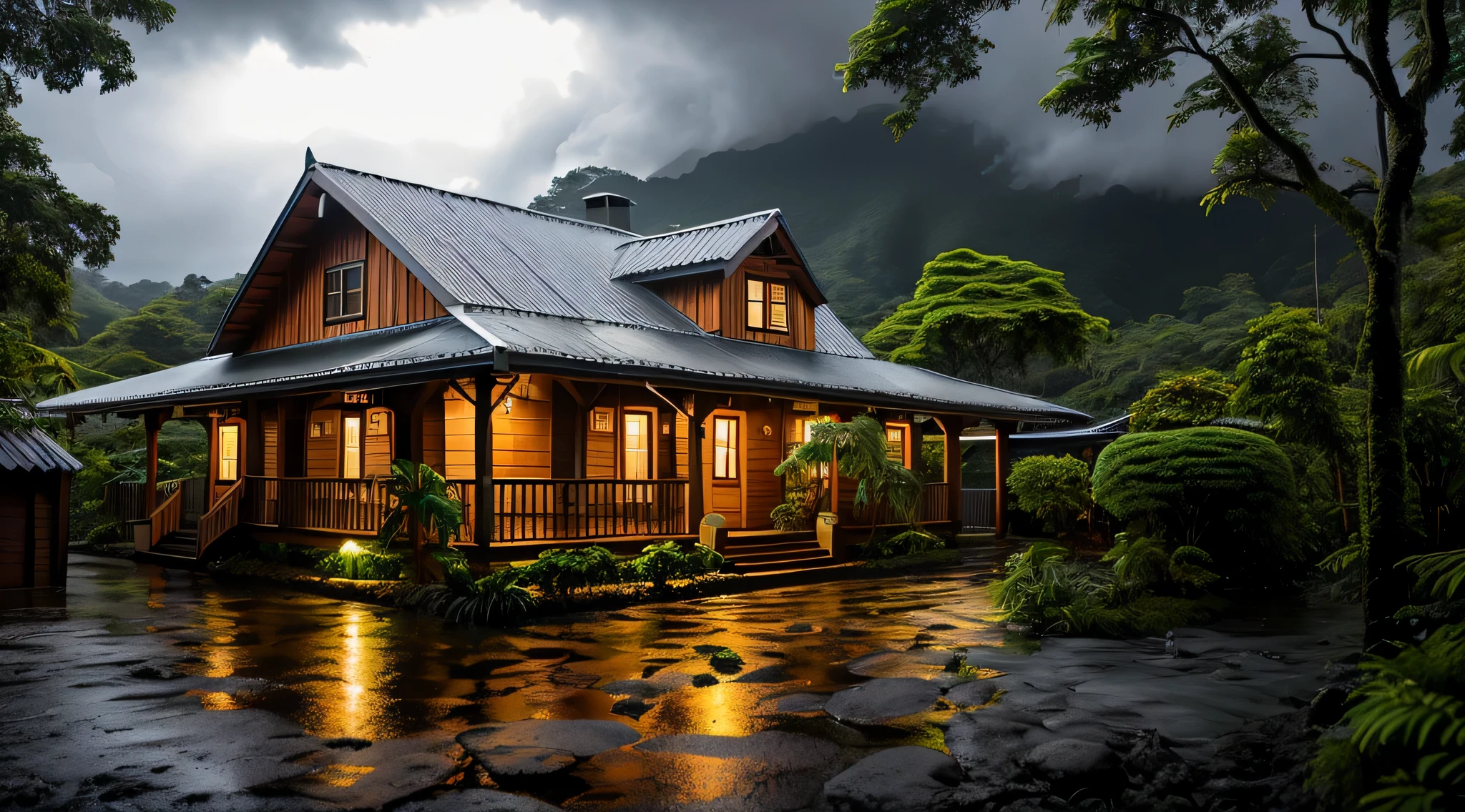 Vintage wooden house, lush small house, beautiful house, night, lights on, Costa Rica green rainforest, Heavy rain falling on the roof, Emphasizing the contrast between the natural environment and the rainwater flowing from the roof, dark scene after the rain, landscape wet, dark clouds, nature photography, Portrait with macro lens (Nikon AF -S VR Mini Nikkor 105mm f/ 2.8G IF) When aperture is f/5.6