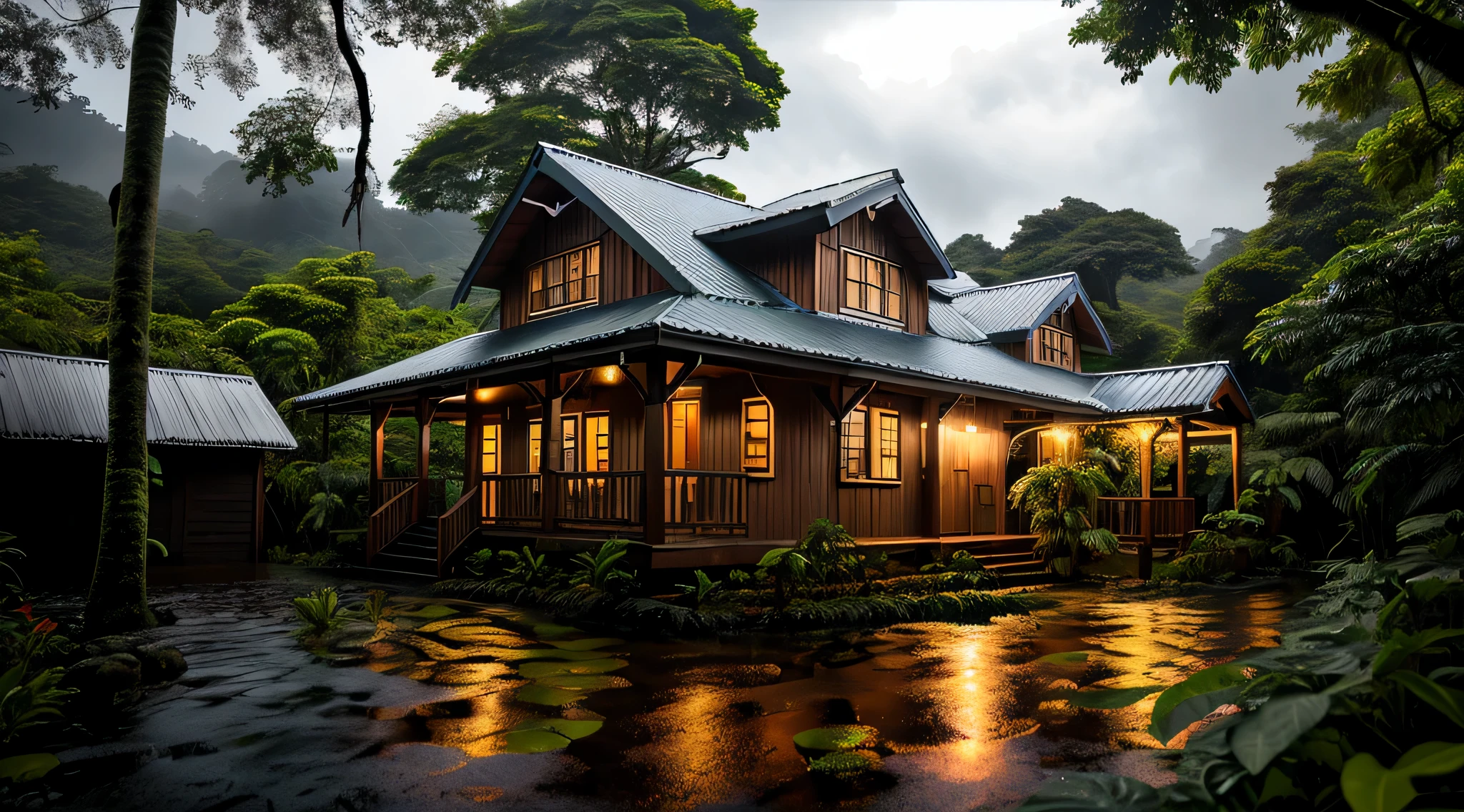 Vintage wooden house, lush small house, beautiful house, night, lights on, Costa Rica green rainforest, Heavy rain falling on the roof, Emphasizing the contrast between the natural environment and the rainwater flowing from the roof, dark scene after the rain, landscape wet, dark clouds, nature photography, Portrait with macro lens (Nikon AF -S VR Mini Nikkor 105mm f/ 2.8G IF) When aperture is f/5.6