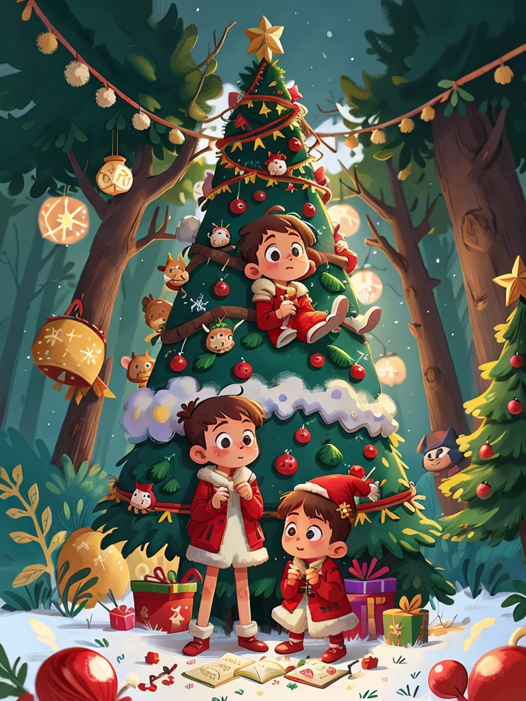 Winters,Christmas illustration,Two children decorating Christmas tree,genius shooting shooting,8K