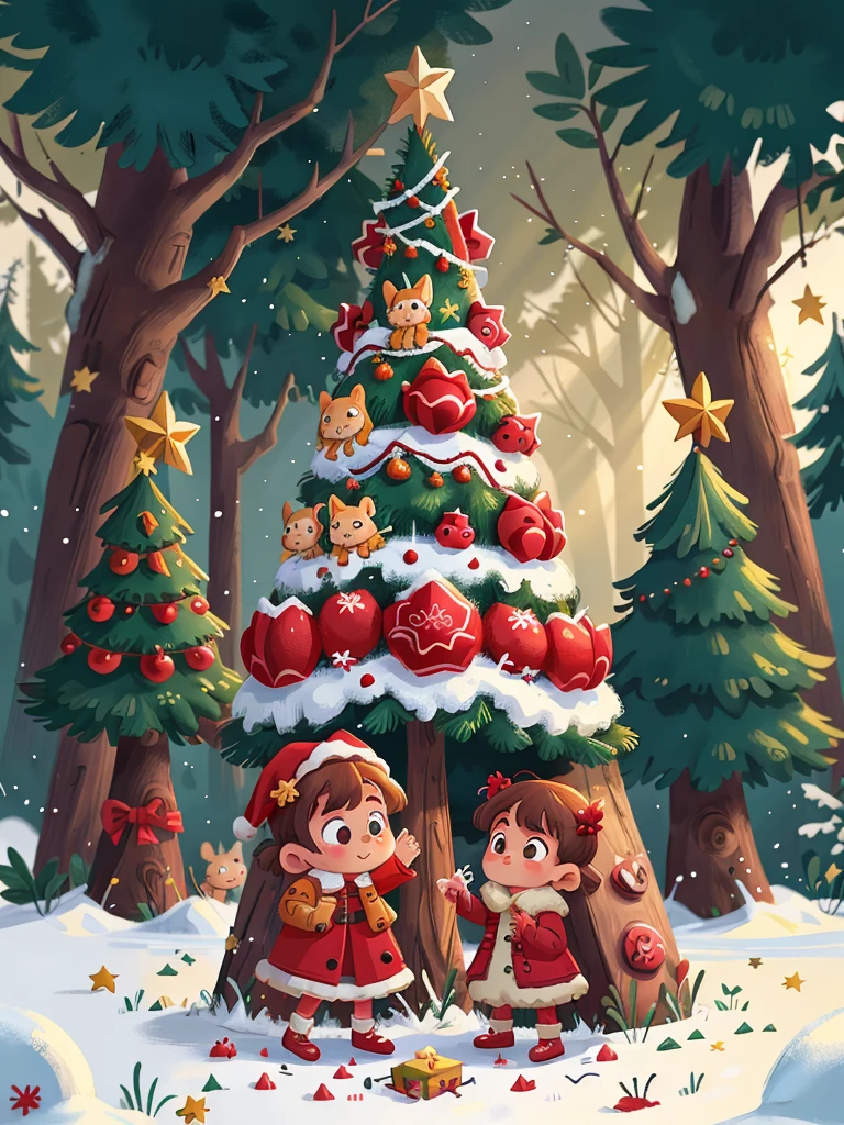 Winters,Christmas illustration,Two children decorating Christmas tree,genius shooting shooting,8K