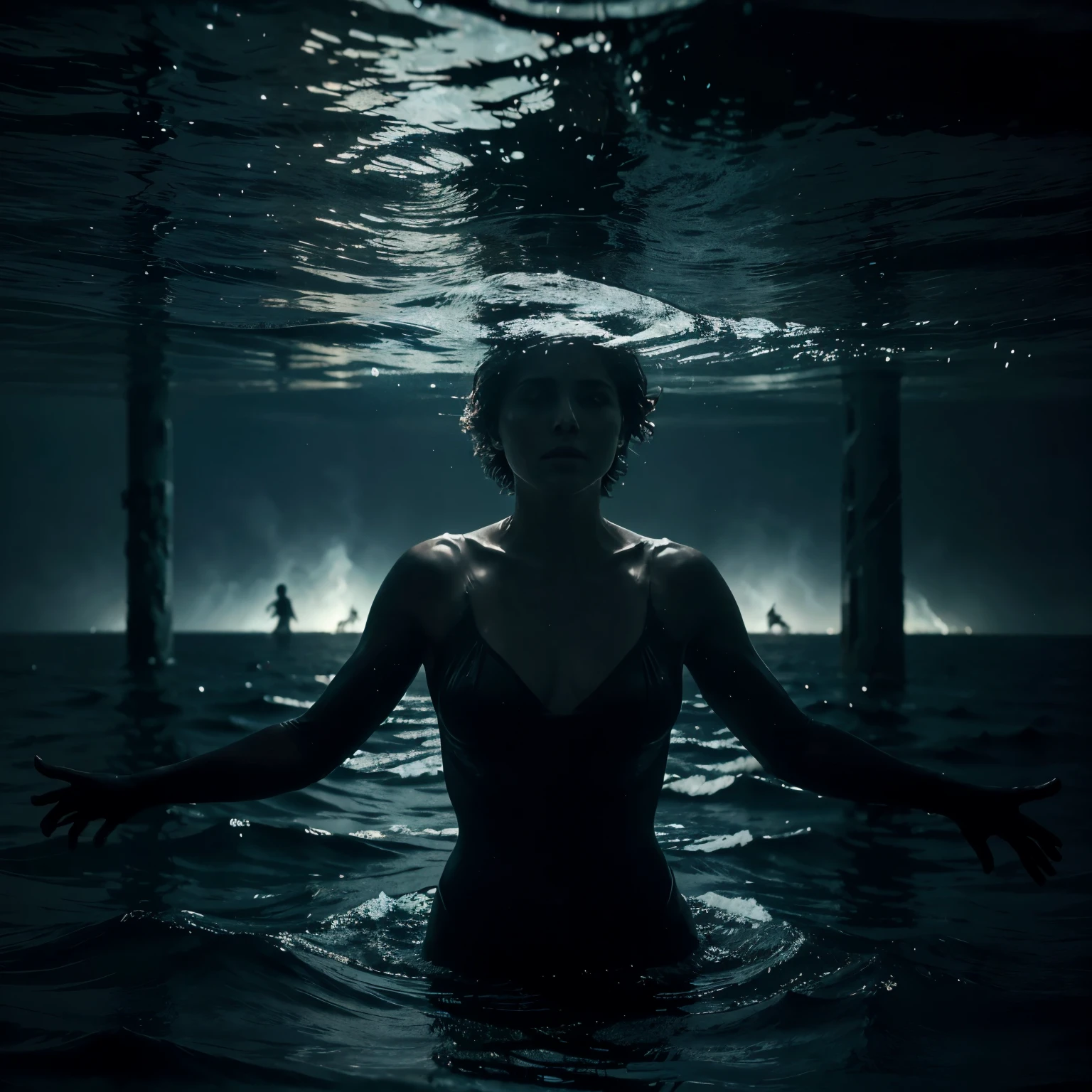 In the eerie night sea, numerous figures populate the watery expanse, their silhouettes merging and separating amidst the obsidian waves. Each person embodies a desperate struggle against the relentless currents, limbs flailing in a chaotic ballet of survival. The darkness conceals their individual features, rendering them a collective, ghostly presence. A cacophony of gasps and splashes fills the air, emphasizing the urgency of their shared plight. Together, they form a poignant tableau of humanity grappling with the unforgiving sea, all striving to overcome the looming threat of drowning and reach the distant sanctuary embodied by the towering rock.