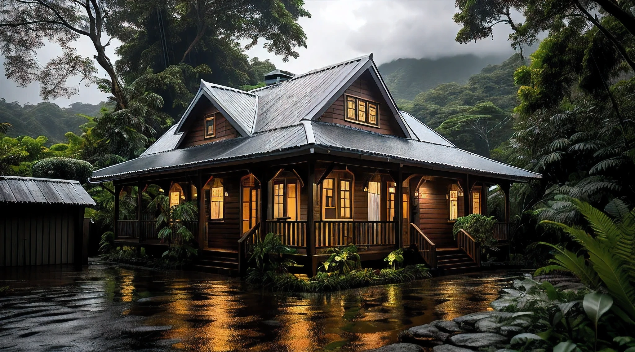 Vintage wooden house, lush small house, beautiful house, night, lights on, Costa Rica green rainforest, Heavy rain falling on the roof, Emphasizing the contrast between the natural environment and the rainwater flowing from the roof, dark scene after the rain, landscape wet, dark clouds, nature photography, Portrait with macro lens (Nikon AF -S VR Mini Nikkor 105mm f/ 2.8G IF) When aperture is f/5.6