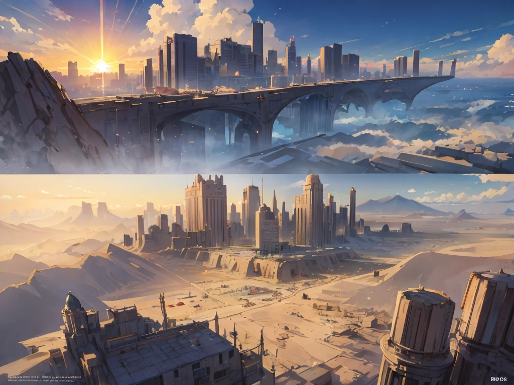 environment design, a Futuristic great city in the desert, nice weather, sun shining with pretty clouds, zoom-out top view,