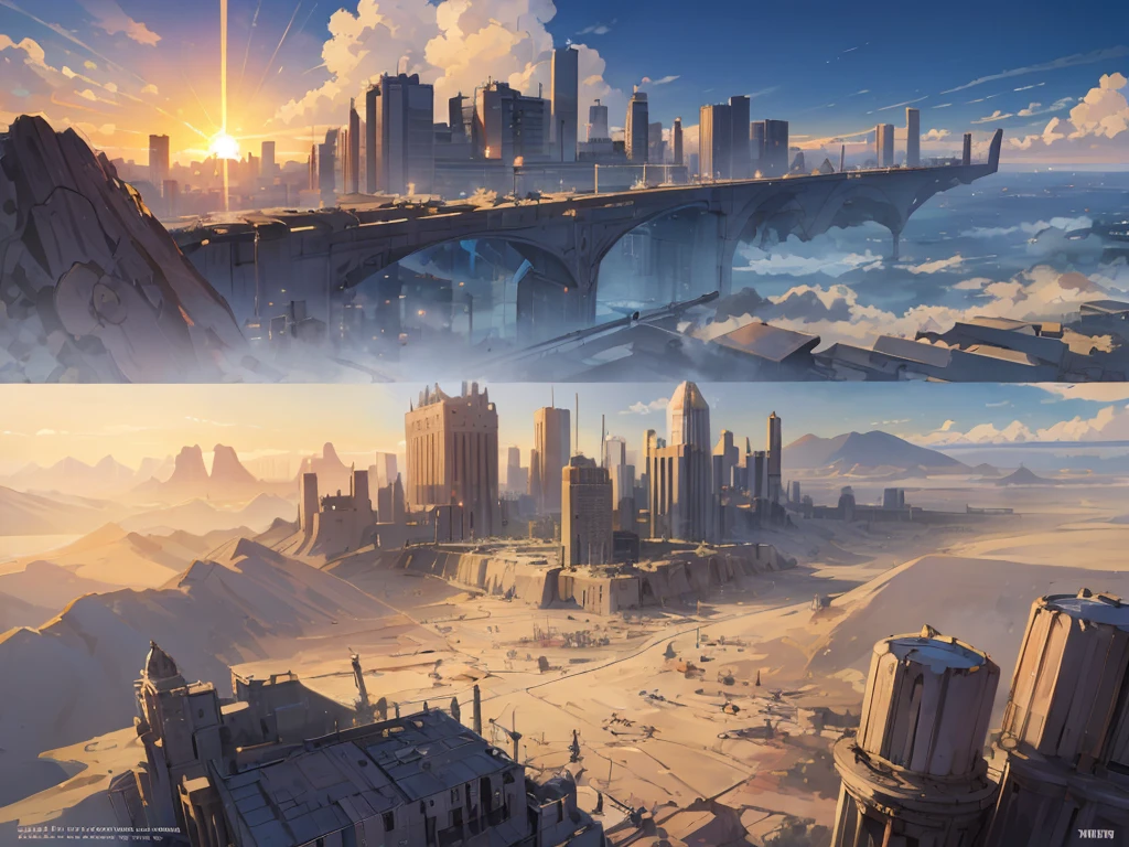 environment design, a Futuristic great city in the desert, nice weather, sun shining with pretty clouds, zoom-out top view,