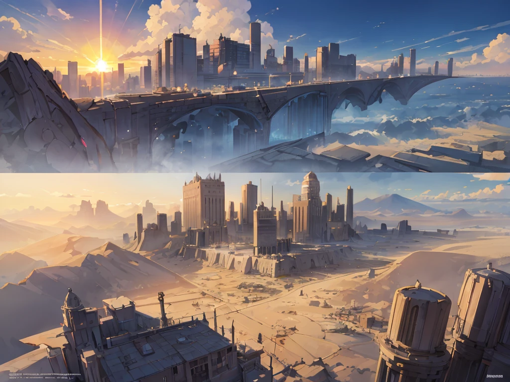 environment design, a Futuristic great city in the desert, nice weather, sun shining with pretty clouds, zoom-out top view,