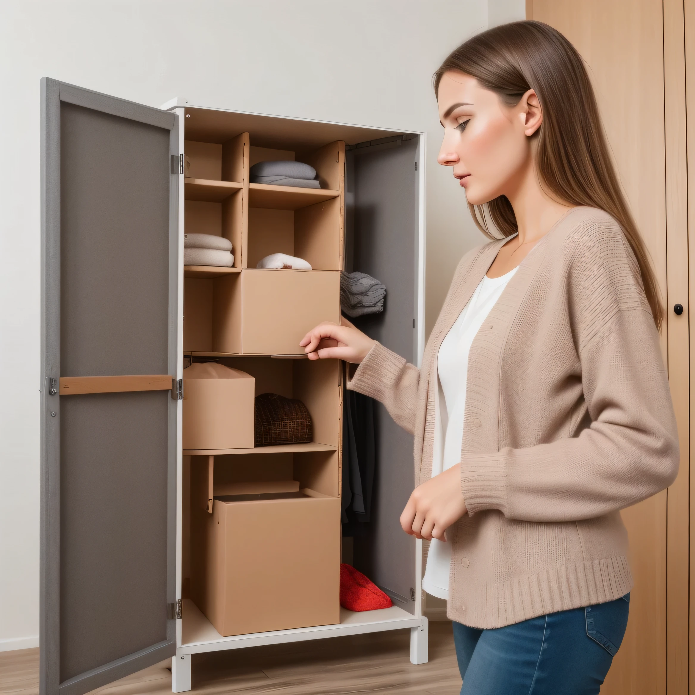 Real product usage photos, Woman at home looking at storage boxes on wardrobe shelf, Hand on the handle of the box, Easy to use, high high quality, Light warm tones,product introduction photos, Easy to understand, stunning visuals, wide range of colors, vibrant and vivid, elegant appearance, Young woman