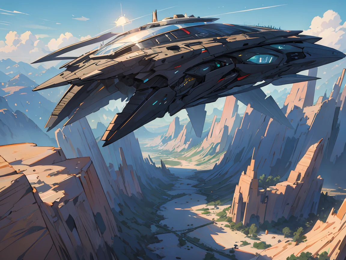 environment design, a Futuristic great city in the desert, nice weather, sun shining with pretty clouds, zoom-out top view,