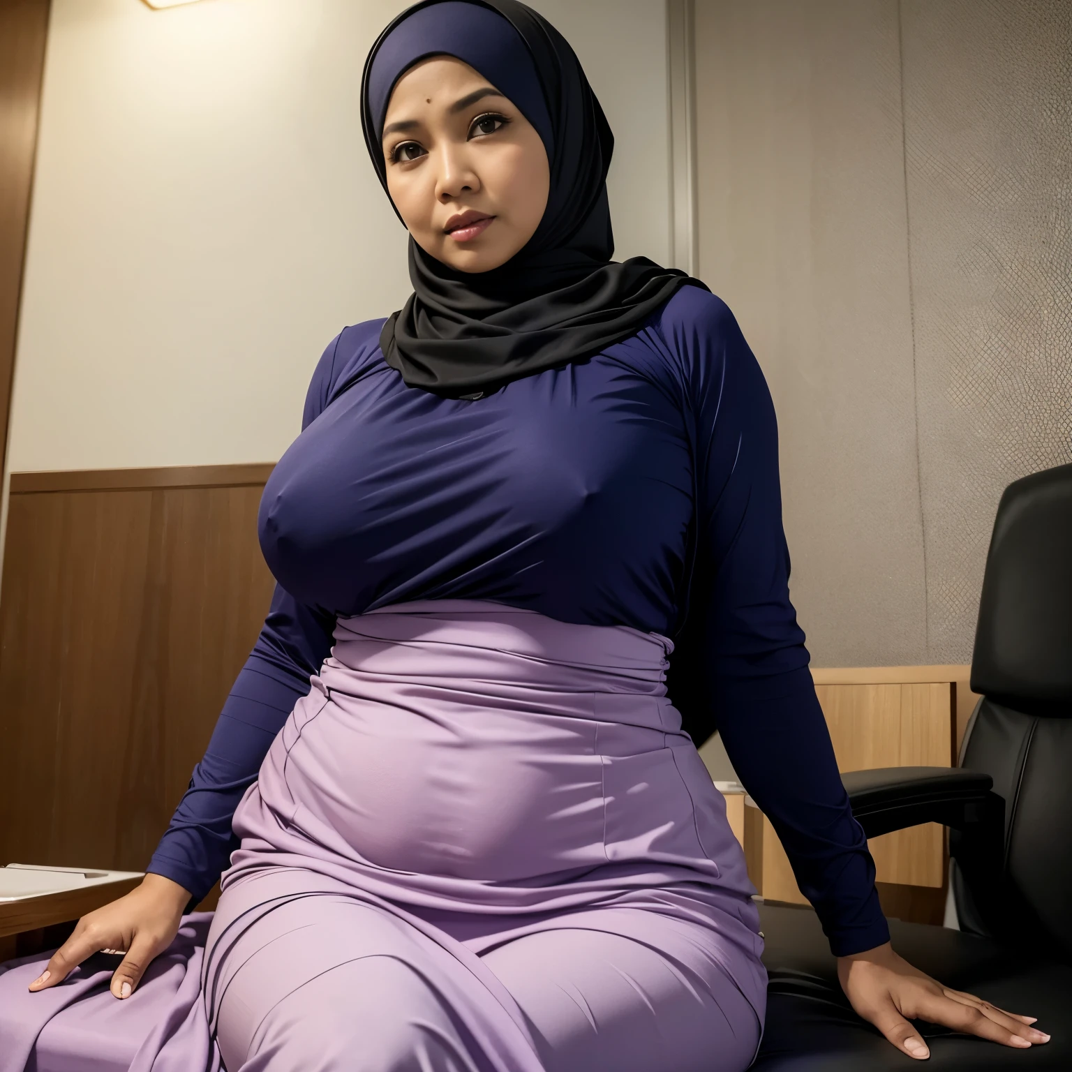 52 years Old, Hijab Indonesian mature woman, Large Tits : 96.9, Tight Baju Kurung, Slim body, Breast about To burst out, at doctor office, Dark light, at Nighttime