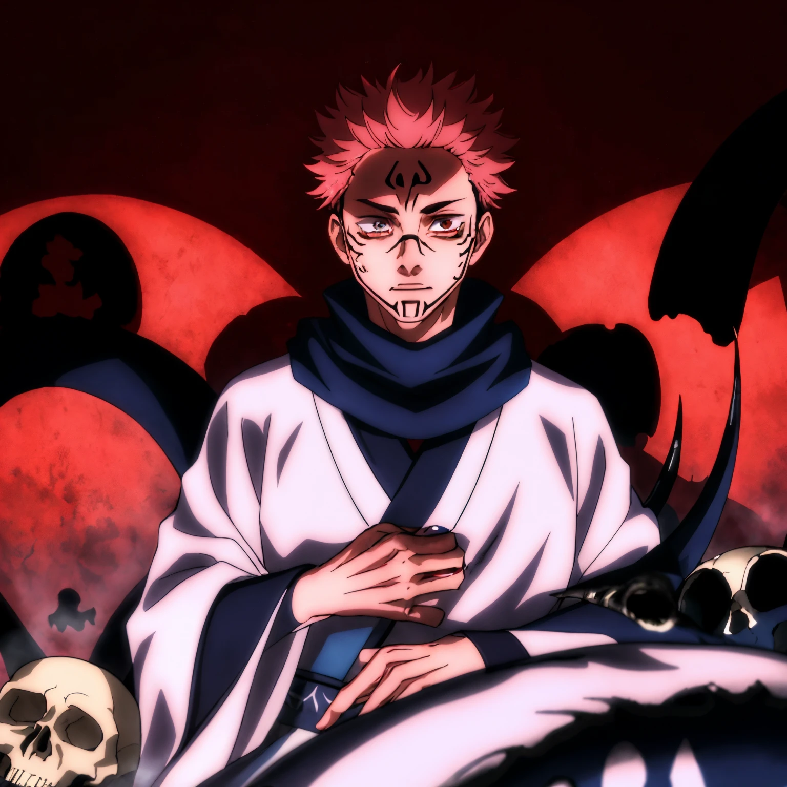 masterpiece,high quality,solo,
RyomenSukuna,1man,
blue scarf,japanese clothes,white kimono,wide sleeves,long sleeves,
obi,
tabi,zouri,
hell,shadow,shadowed face,skull,animal skull,red background,