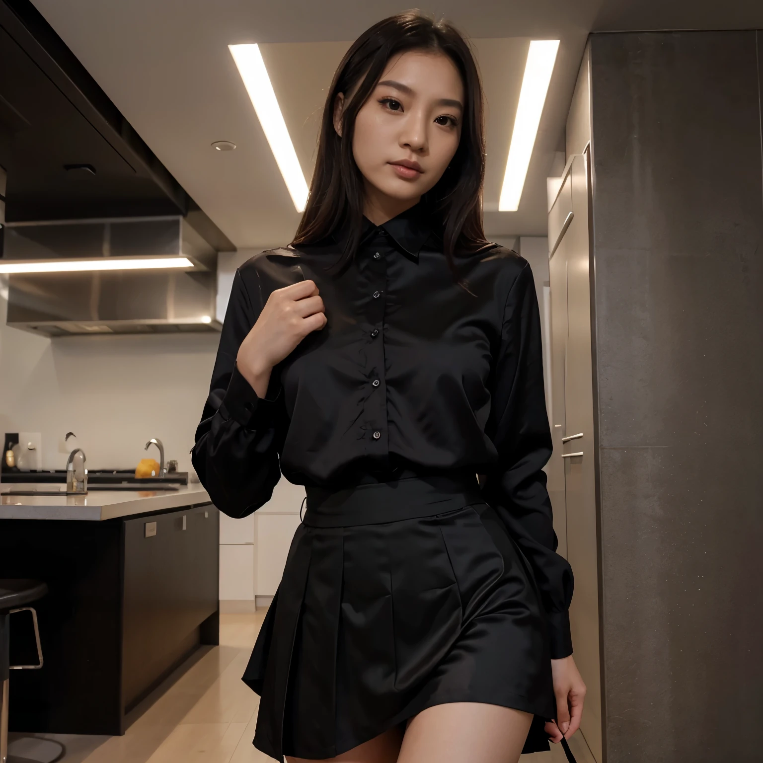 8k, RAW photo, best quality, ultra high resolution, (photorealistic), realistic photo of skinny japanese girl secretary, (skinny japanese girl, 18 years old japanese girl, most beautiful japanese girl in the world, slim face, black hair, ponytail hair), in the office, modern brown interior, (full body picture), standing posing for picture, sexy pose, shy, cute smile, wearing black smoking costume, (black smoking costume), black skirt, white blouse, black smoking costume, wearing earrings, (earrings), (looking at viewer), shy smile, (extremely detailed CG unity 8k wallpaper), sharp focus, (bright light)